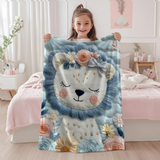Soft embroidered-look lion baby blanket with pastel florals. Neutral tones, cozy fabric — a boutique newborn gift for calm, modern nursery decor.