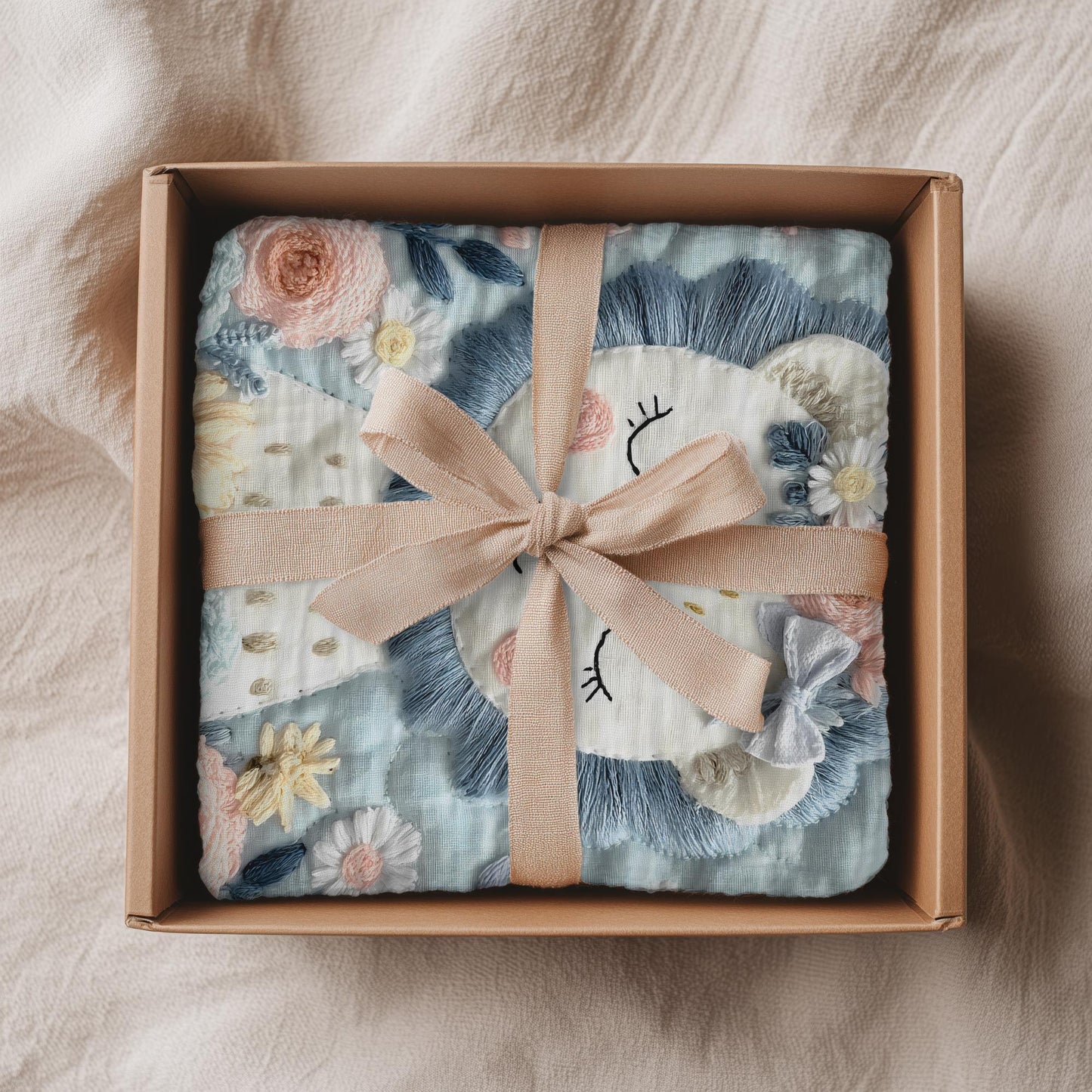 Soft embroidered-look lion baby blanket with pastel florals. Neutral tones, cozy fabric — a boutique newborn gift for calm, modern nursery decor.