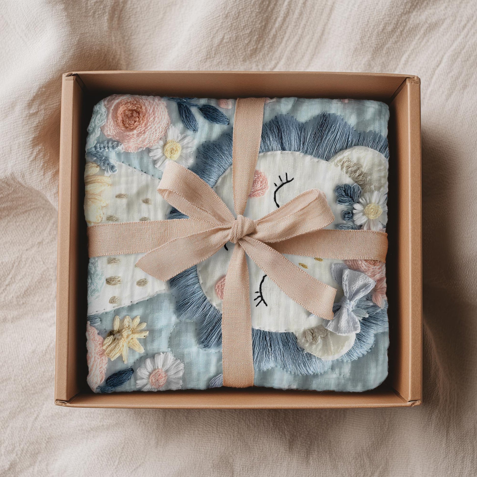 Soft embroidered-look lion baby blanket with pastel florals. Neutral tones, cozy fabric — a boutique newborn gift for calm, modern nursery decor.
