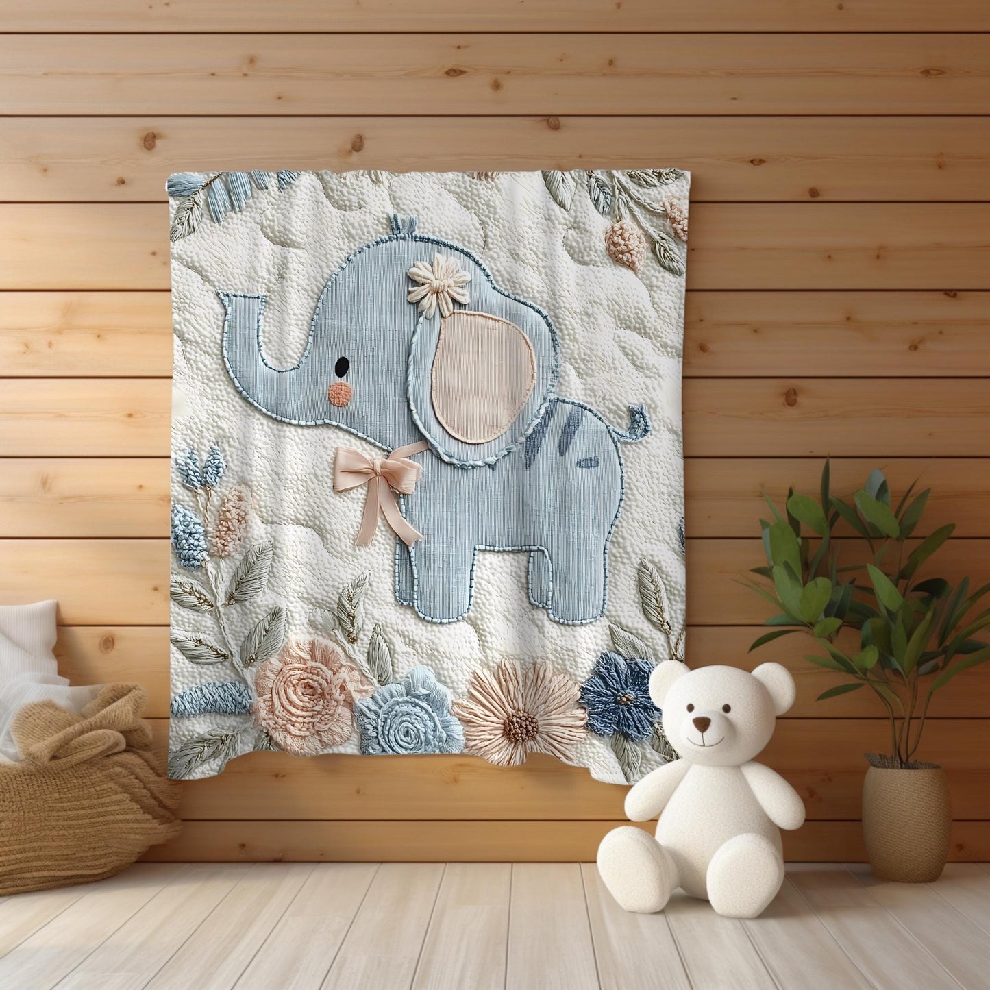 Soft embroidered-look elephant baby blanket with pastel florals. Neutral tones, cozy fabric — a boutique newborn gift for calm, modern nursery decor.
