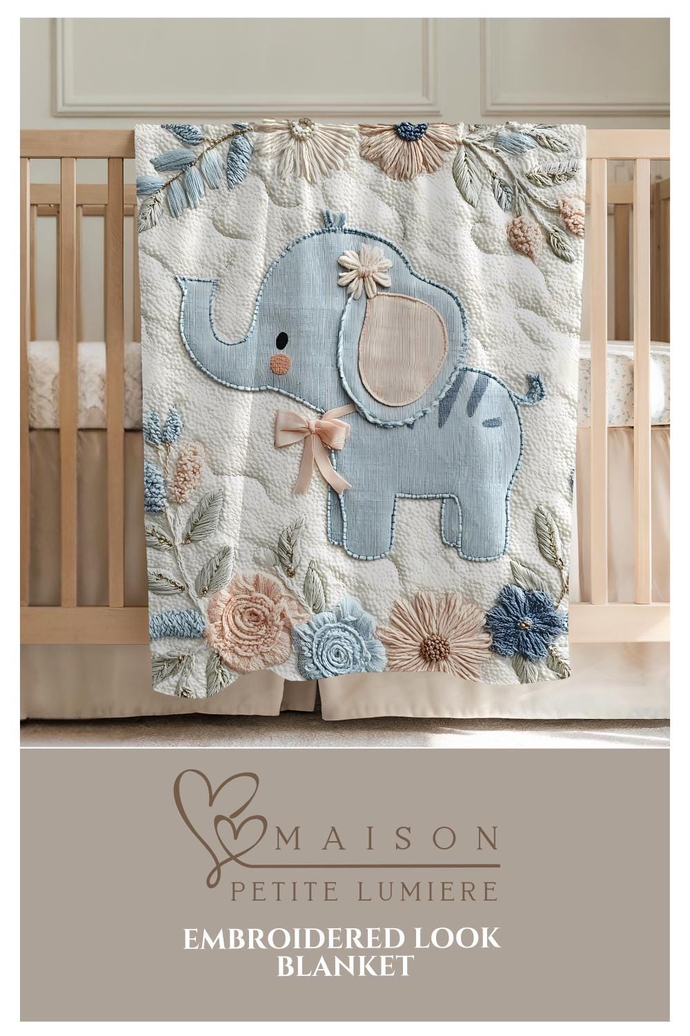 Soft embroidered-look elephant baby blanket with pastel florals. Neutral tones, cozy fabric — a boutique newborn gift for calm, modern nursery decor.