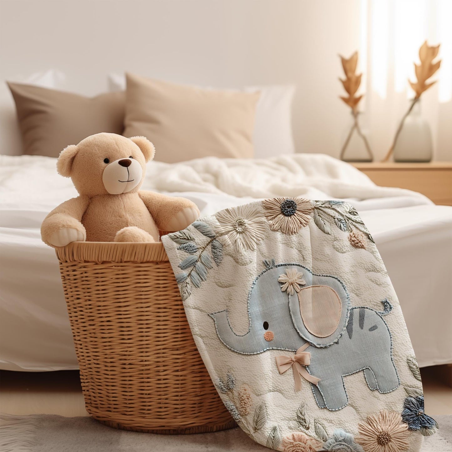 Soft embroidered-look elephant baby blanket with pastel florals. Neutral tones, cozy fabric — a boutique newborn gift for calm, modern nursery decor.