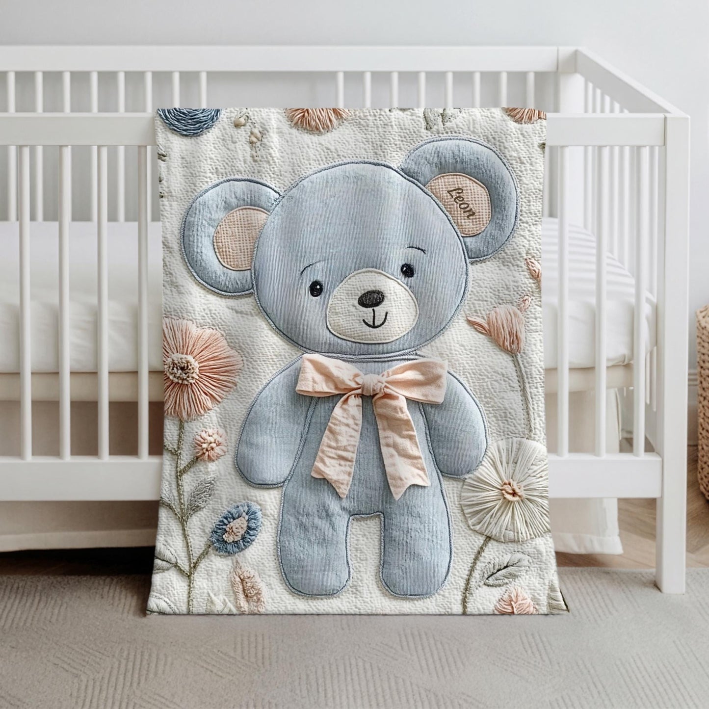 Personalized Embroidered-look teddy bear baby blanket with pastel florals. Neutral tones, cozy fabric — a boutique newborn gift for calm, modern nursery decor.