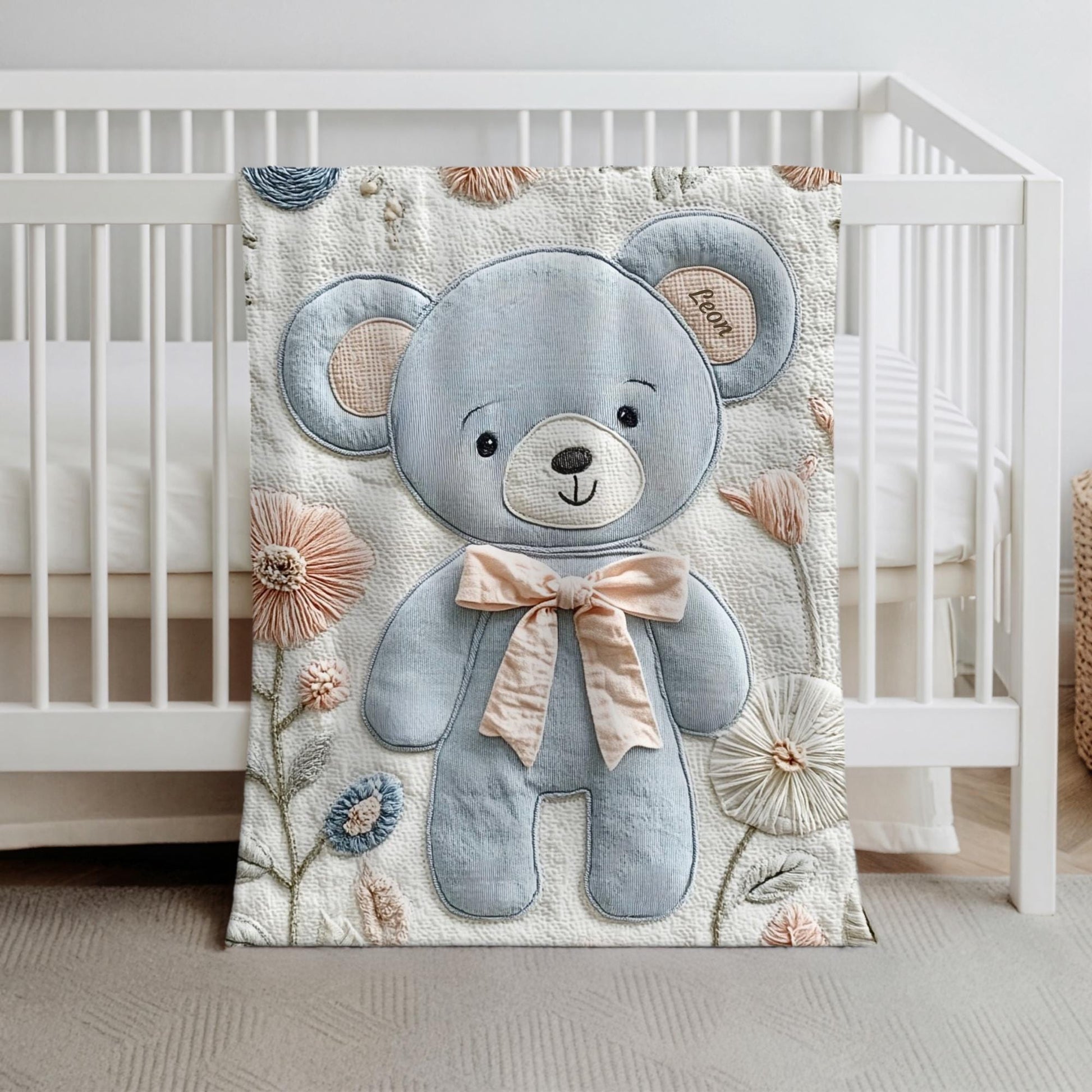 Personalized Embroidered-look teddy bear baby blanket with pastel florals. Neutral tones, cozy fabric — a boutique newborn gift for calm, modern nursery decor.