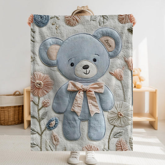 Personalized Embroidered-look teddy bear baby blanket with pastel florals. Neutral tones, cozy fabric — a boutique newborn gift for calm, modern nursery decor.