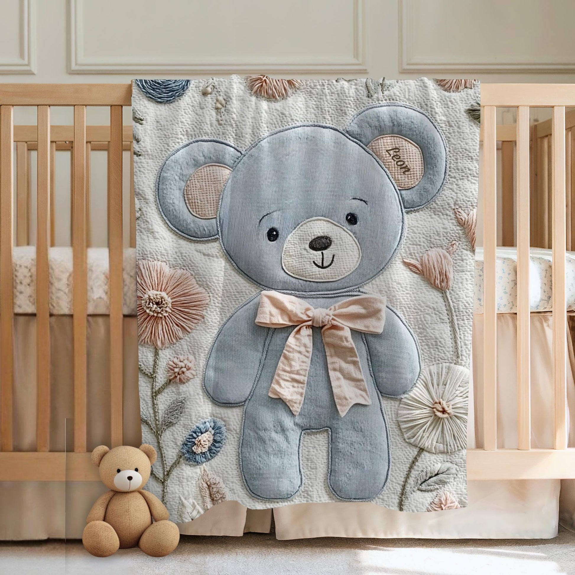 Personalized Embroidered-look teddy bear baby blanket with pastel florals. Neutral tones, cozy fabric — a boutique newborn gift for calm, modern nursery decor.