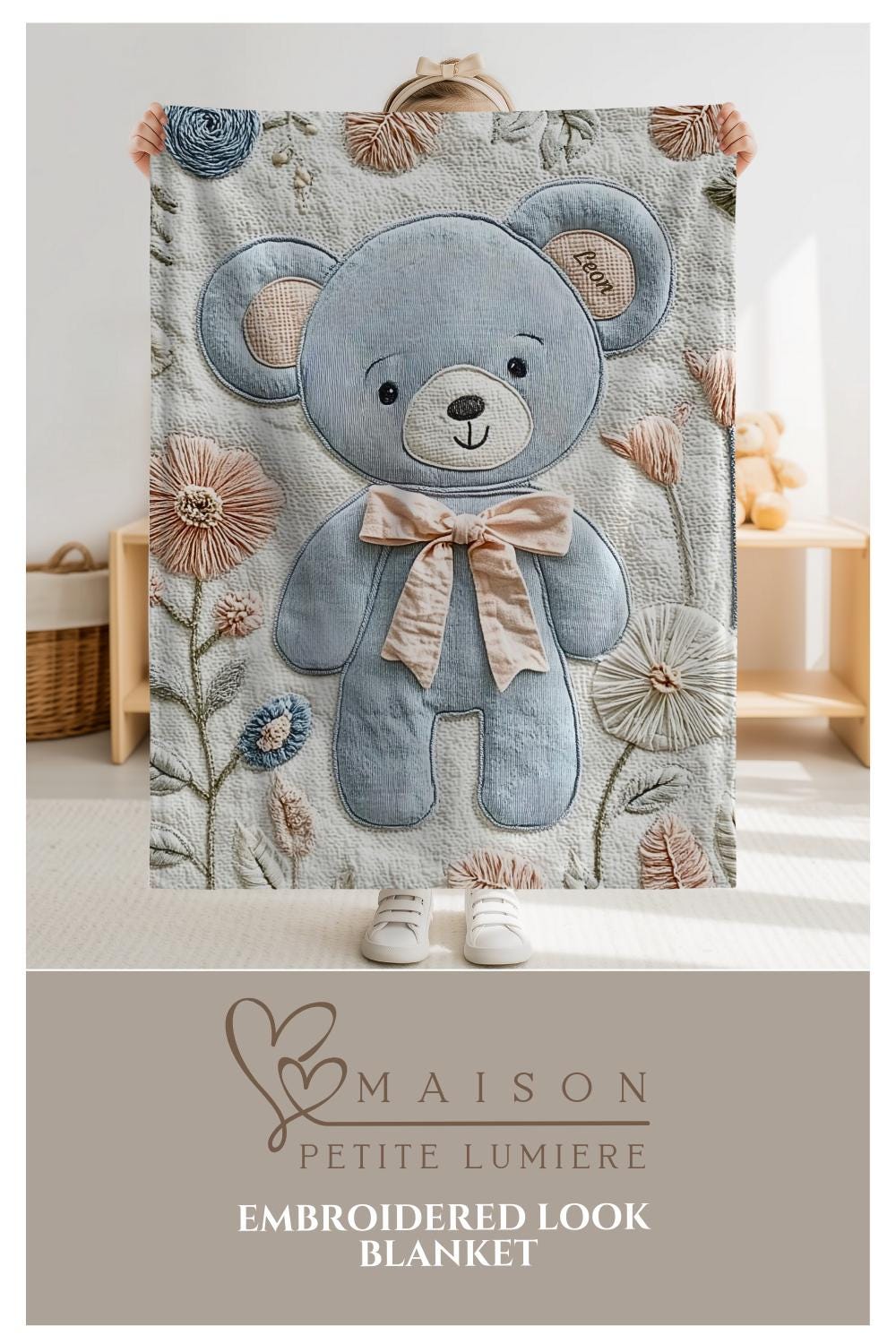 Personalized Embroidered-look teddy bear baby blanket with pastel florals. Neutral tones, cozy fabric — a boutique newborn gift for calm, modern nursery decor.