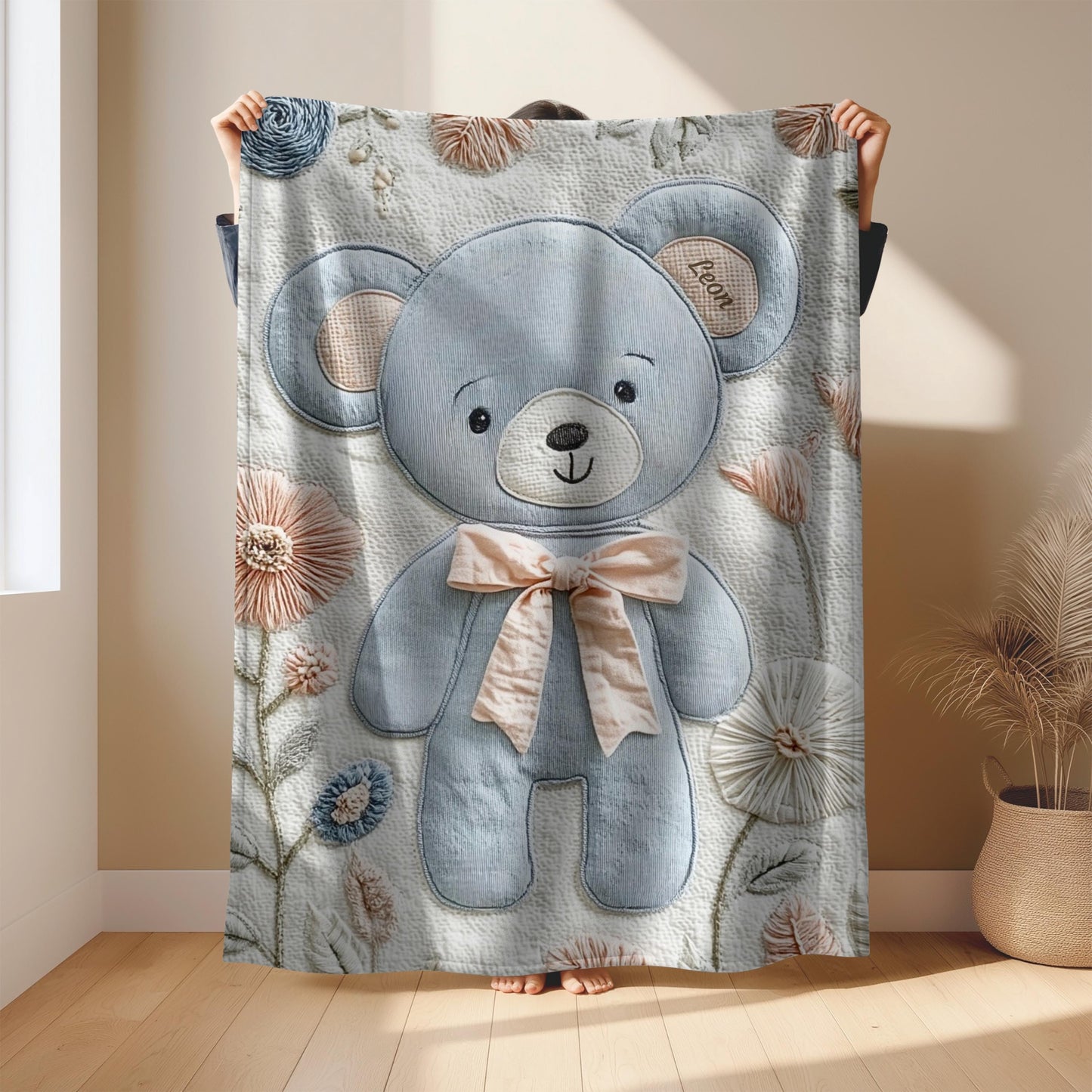 Personalized Embroidered-look teddy bear baby blanket with pastel florals. Neutral tones, cozy fabric — a boutique newborn gift for calm, modern nursery decor.