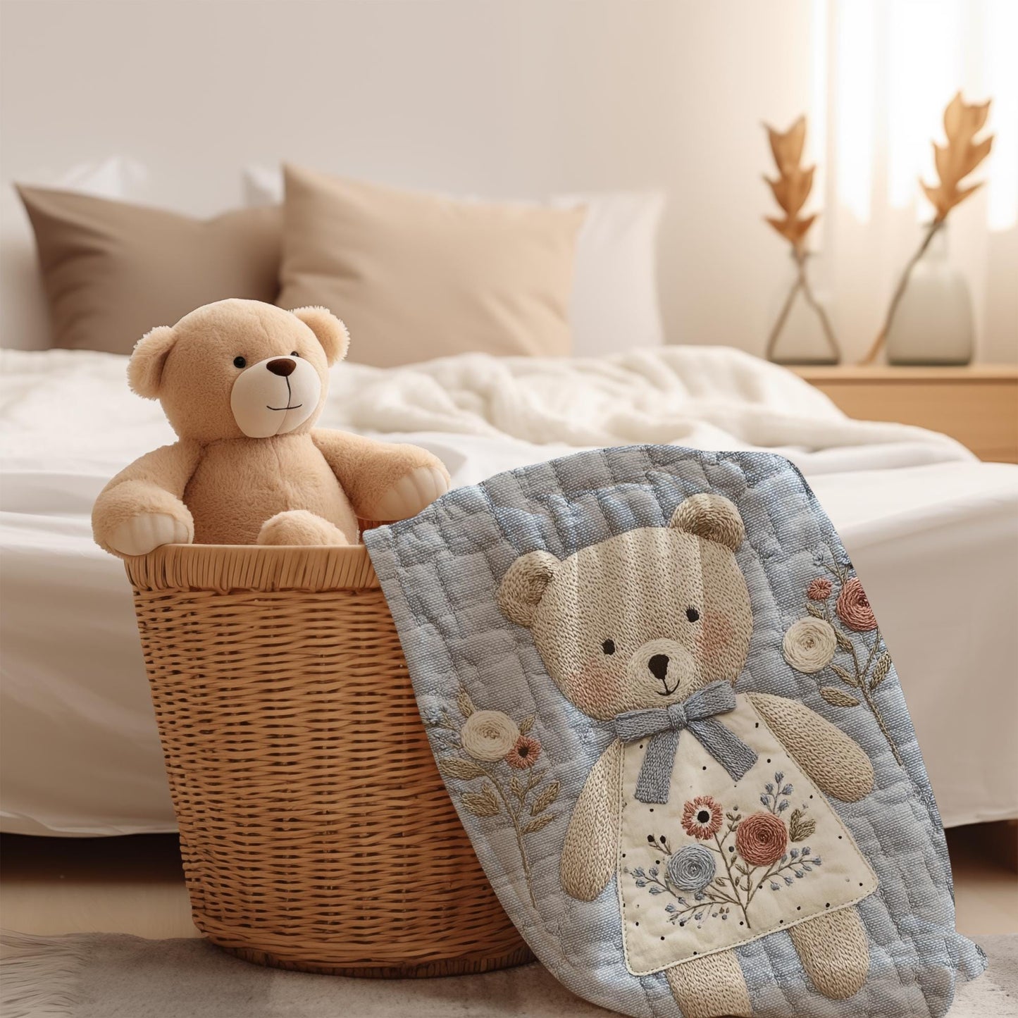 Embroidered-look teddy bear girl baby blanket with floral details on a soft blue quilted background.
