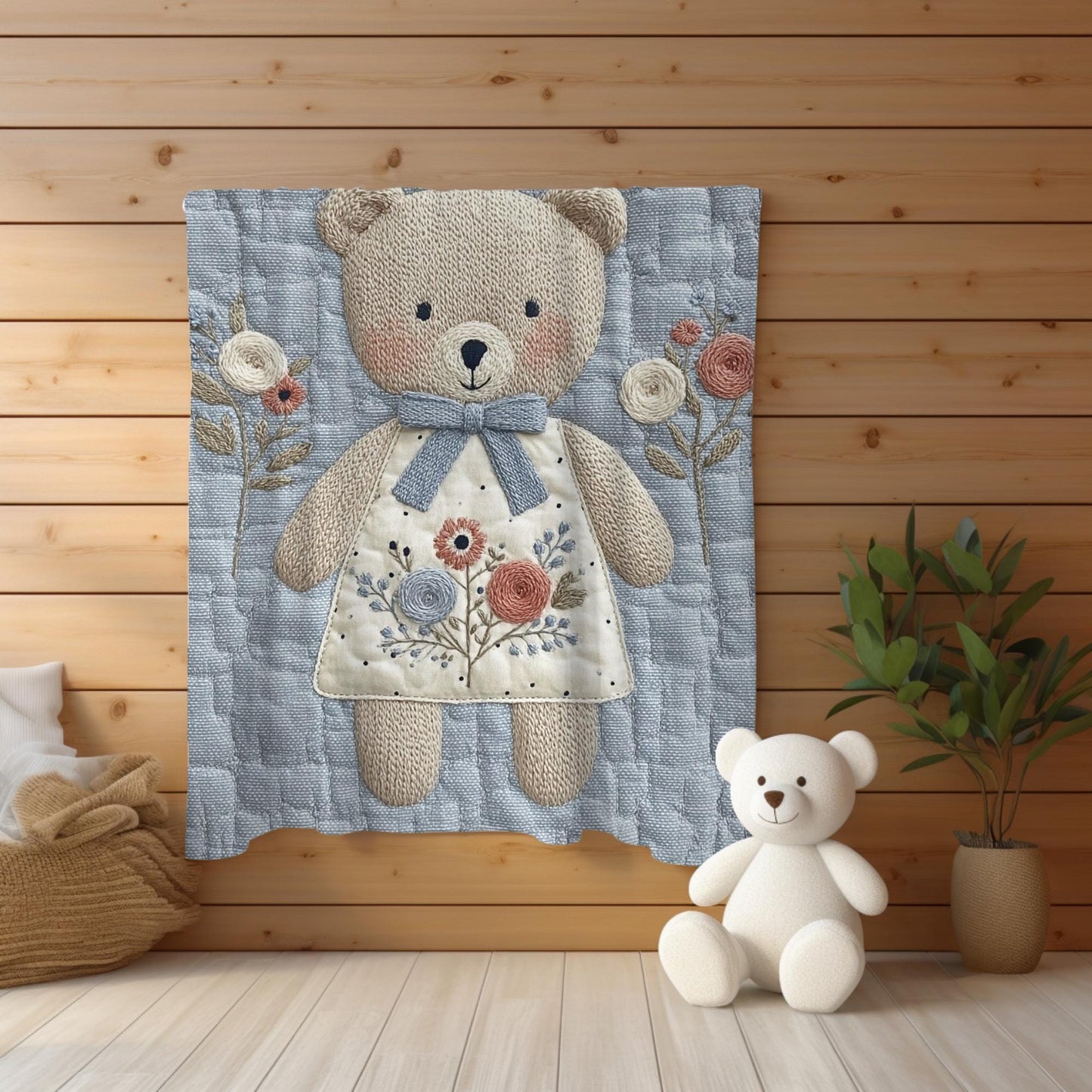 Embroidered-look teddy bear girl baby blanket with floral details on a soft blue quilted background.