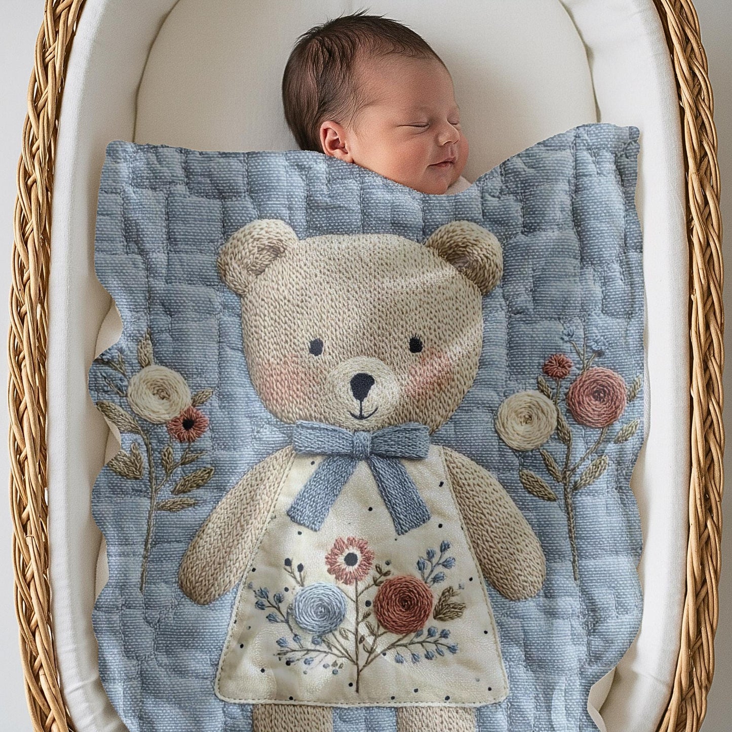 Embroidered-look teddy bear girl baby blanket with floral details on a soft blue quilted background.