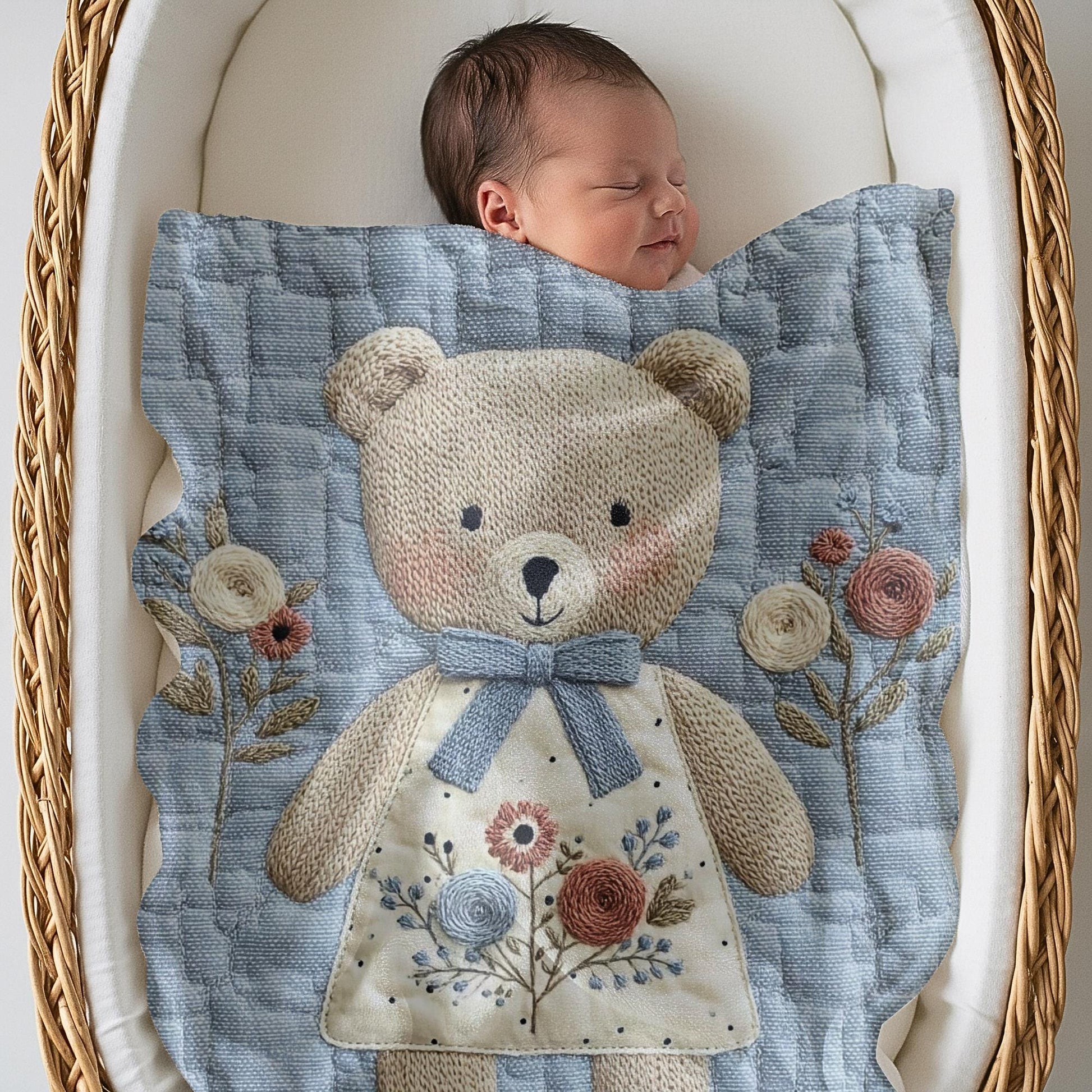 Embroidered-look teddy bear girl baby blanket with floral details on a soft blue quilted background.