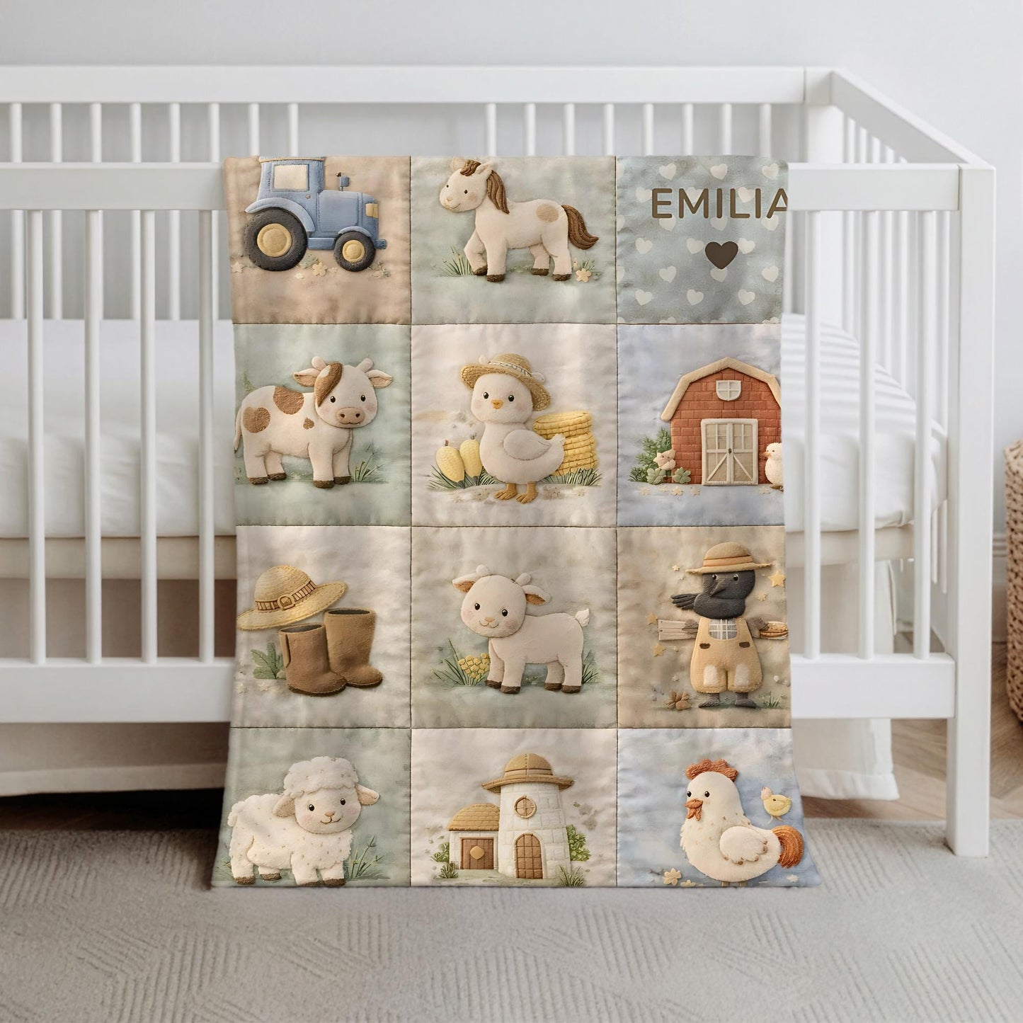 Personalized patchwork look baby blanket with farm quilt design in soft neutral colors. A cozy newborn blanket and timeless boutique baby gift.