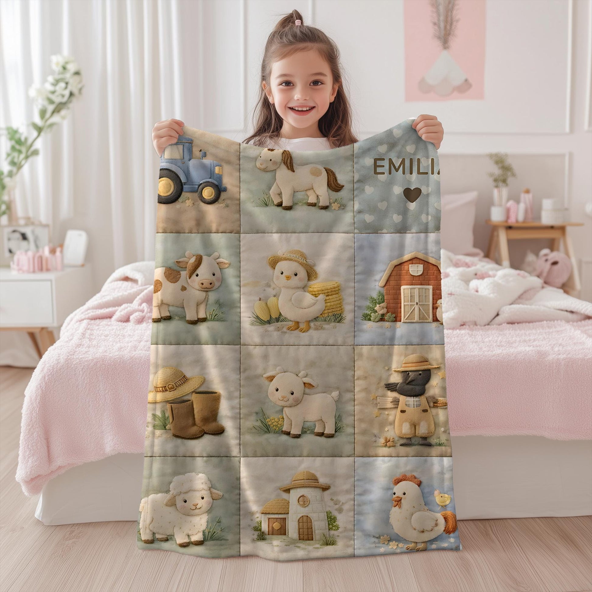 Personalized patchwork look baby blanket with farm quilt design in soft neutral colors. A cozy newborn blanket and timeless boutique baby gift.