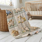 Personalized patchwork look baby blanket with farm quilt design in soft neutral colors. A cozy newborn blanket and timeless boutique baby gift.