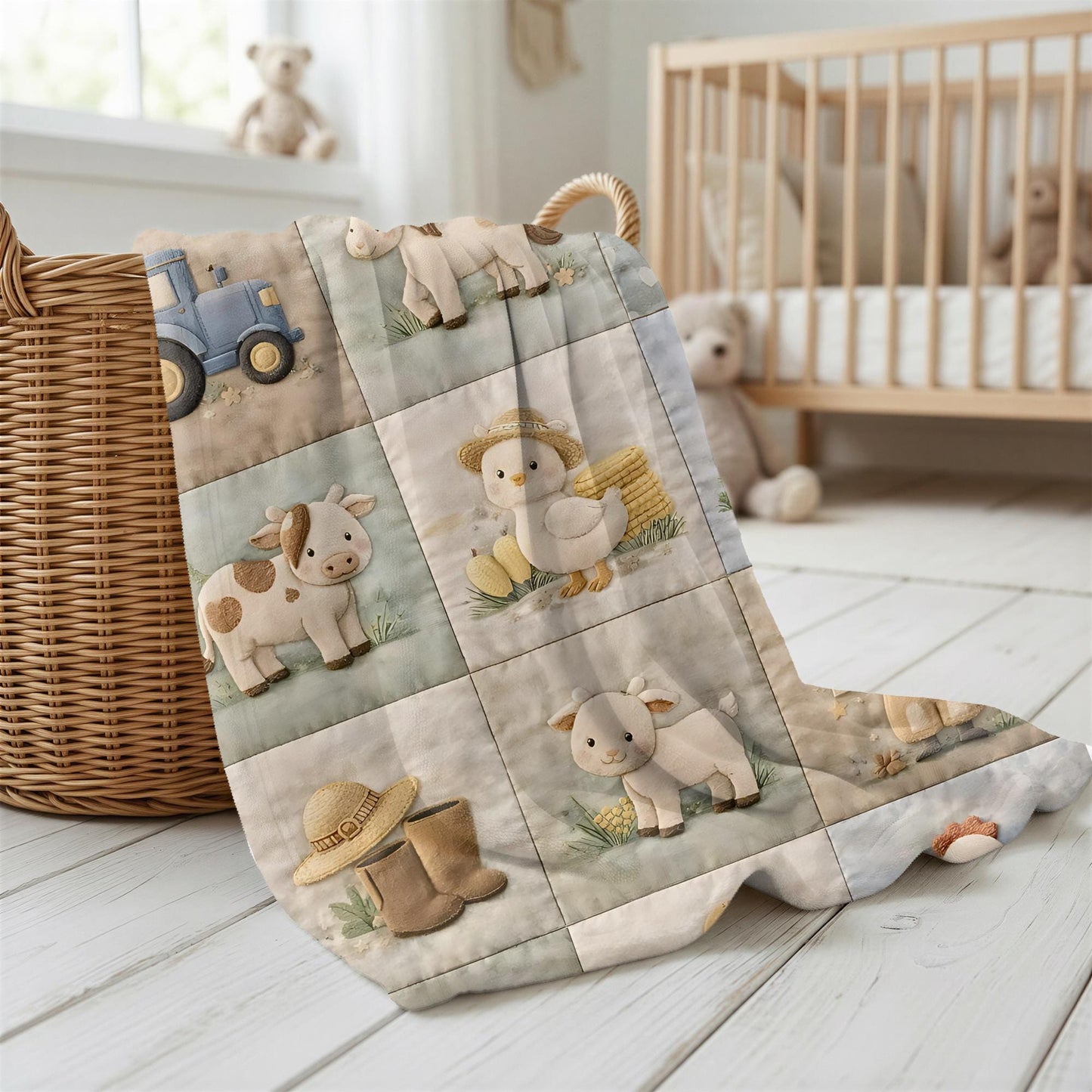 Personalized patchwork look baby blanket with farm quilt design in soft neutral colors. A cozy newborn blanket and timeless boutique baby gift.