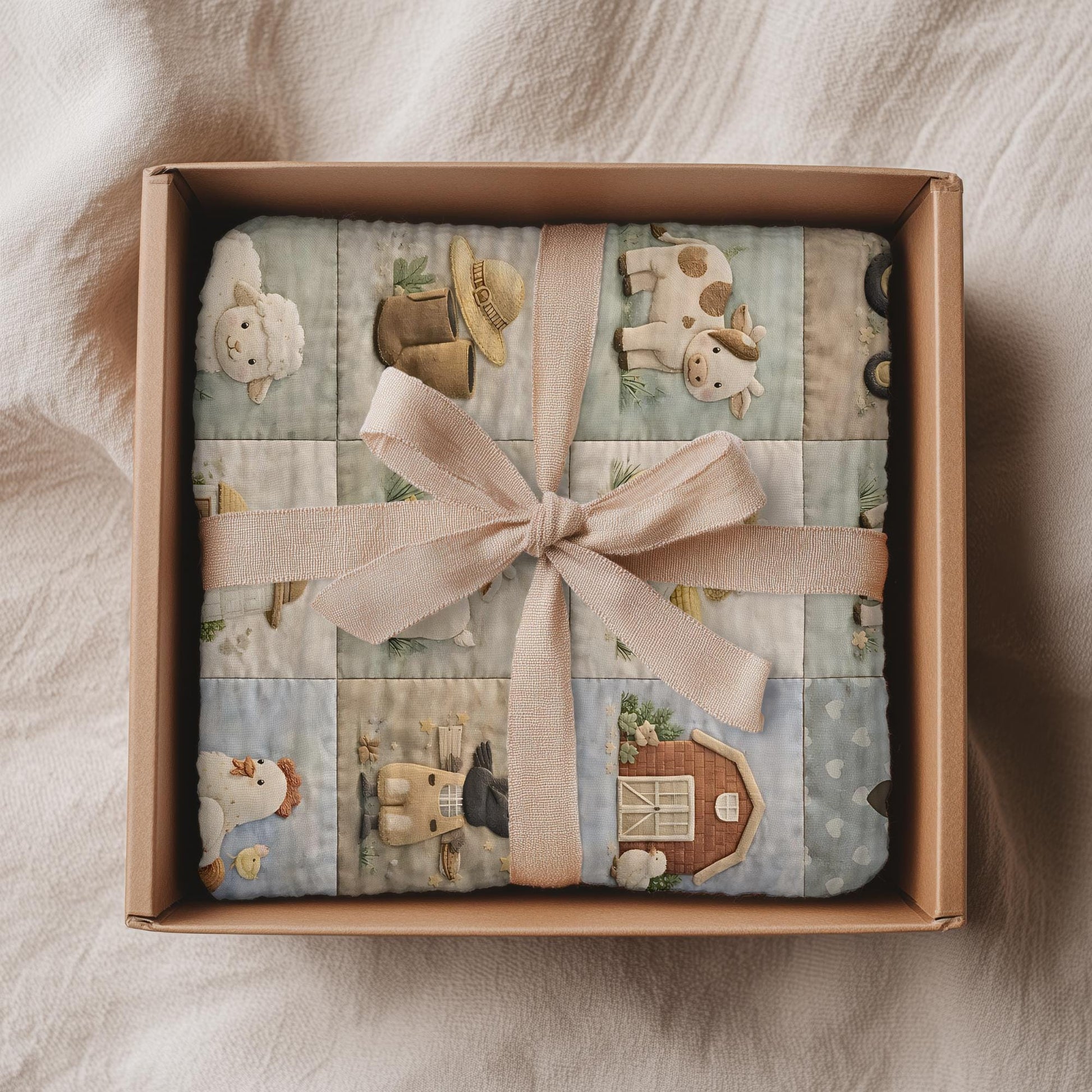 Personalized patchwork look baby blanket with farm quilt design in soft neutral colors. A cozy newborn blanket and timeless boutique baby gift.