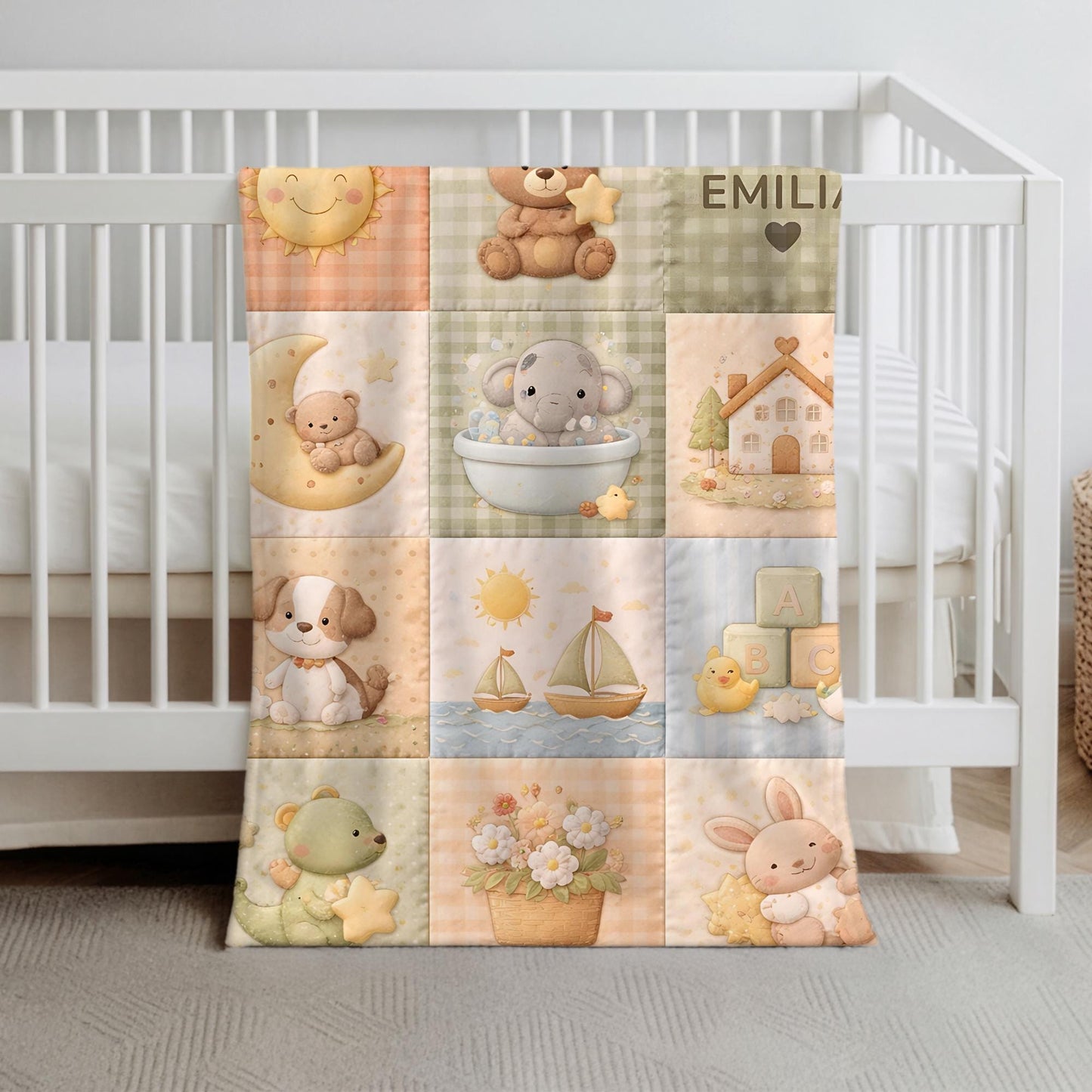 Personalized patchwork look baby blanket with cute nursery animals and quilt style design in soft neutral colors. A cozy newborn blanket and boutique baby gift.