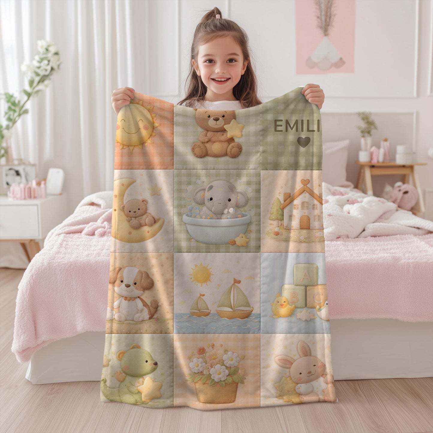 Personalized patchwork look baby blanket with cute nursery animals and quilt style design in soft neutral colors. A cozy newborn blanket and boutique baby gift.