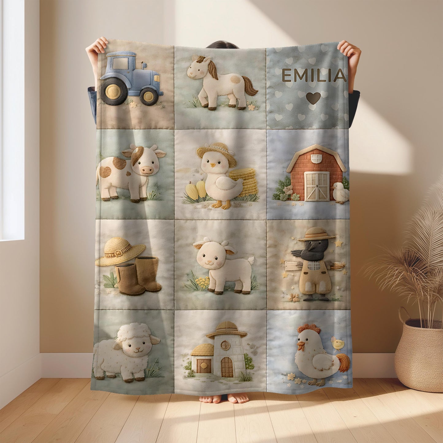 Personalized patchwork look baby blanket with cute nursery animals and quilt style design in soft neutral colors. A cozy newborn blanket and boutique baby gift.