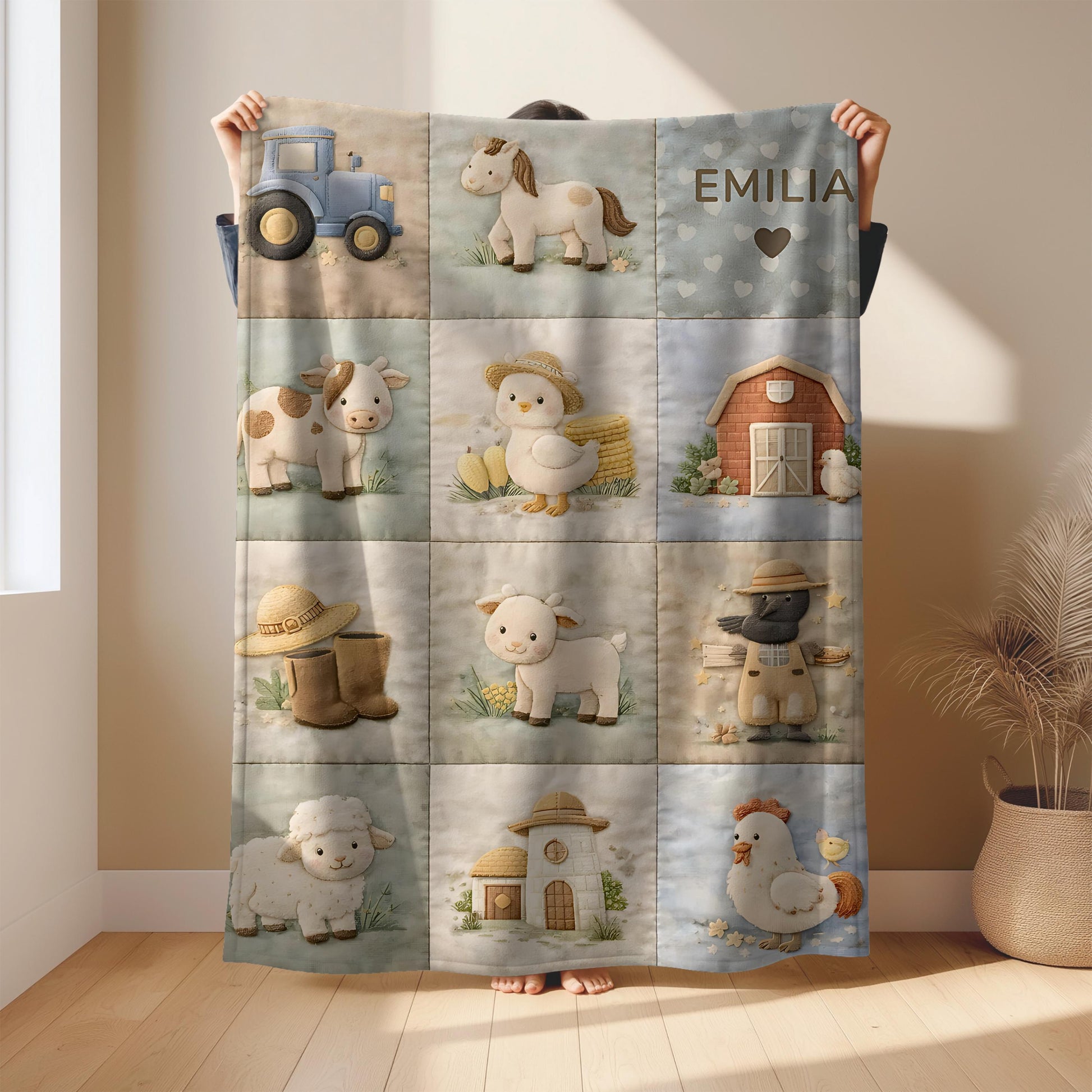 Personalized patchwork look baby blanket with cute nursery animals and quilt style design in soft neutral colors. A cozy newborn blanket and boutique baby gift.