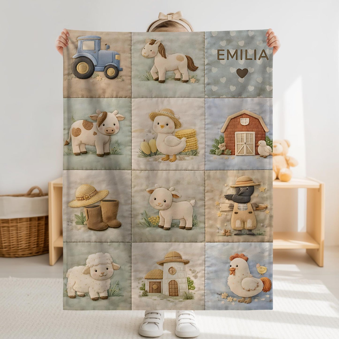 Personalized patchwork look baby blanket with farm quilt design in soft neutral colors. A cozy newborn blanket and timeless boutique baby gift.