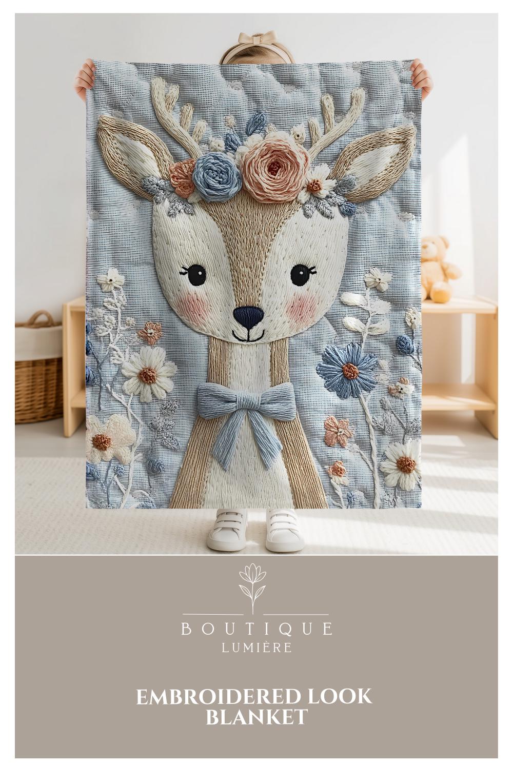 Soft embroidered-look deer baby blanket with pastel florals. Neutral tones, cozy fabric — a boutique newborn gift for calm, modern nursery decor.