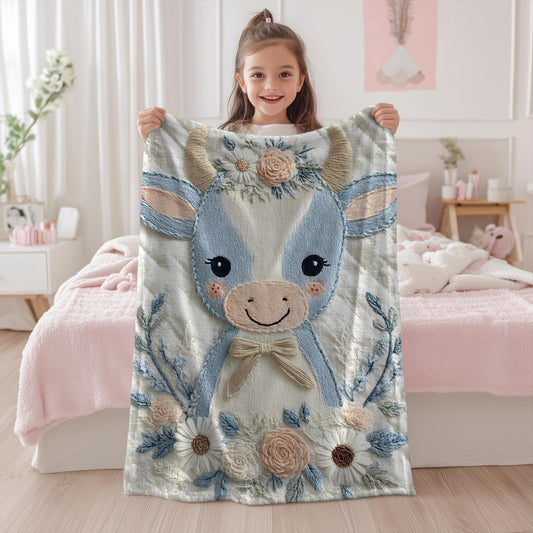 Babydecke im Stickerei Look • Kuh mit Blumen • Weiche Kuscheldecke • Kinderzimmer Deko • Babyparty Geschenk