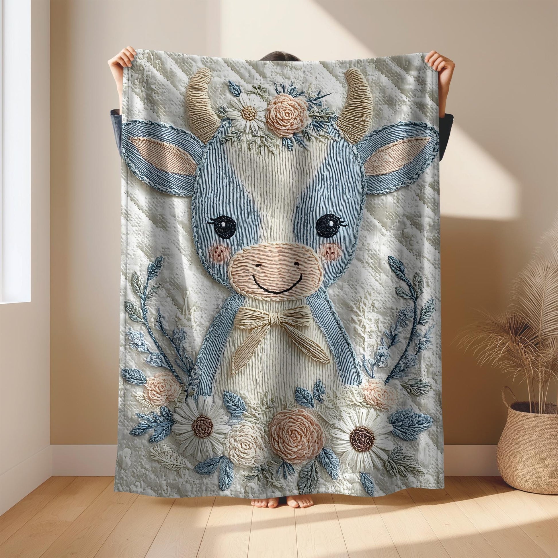 Babydecke im Stickerei Look • Kuh mit Blumen • Weiche Kuscheldecke • Kinderzimmer Deko • Babyparty Geschenk