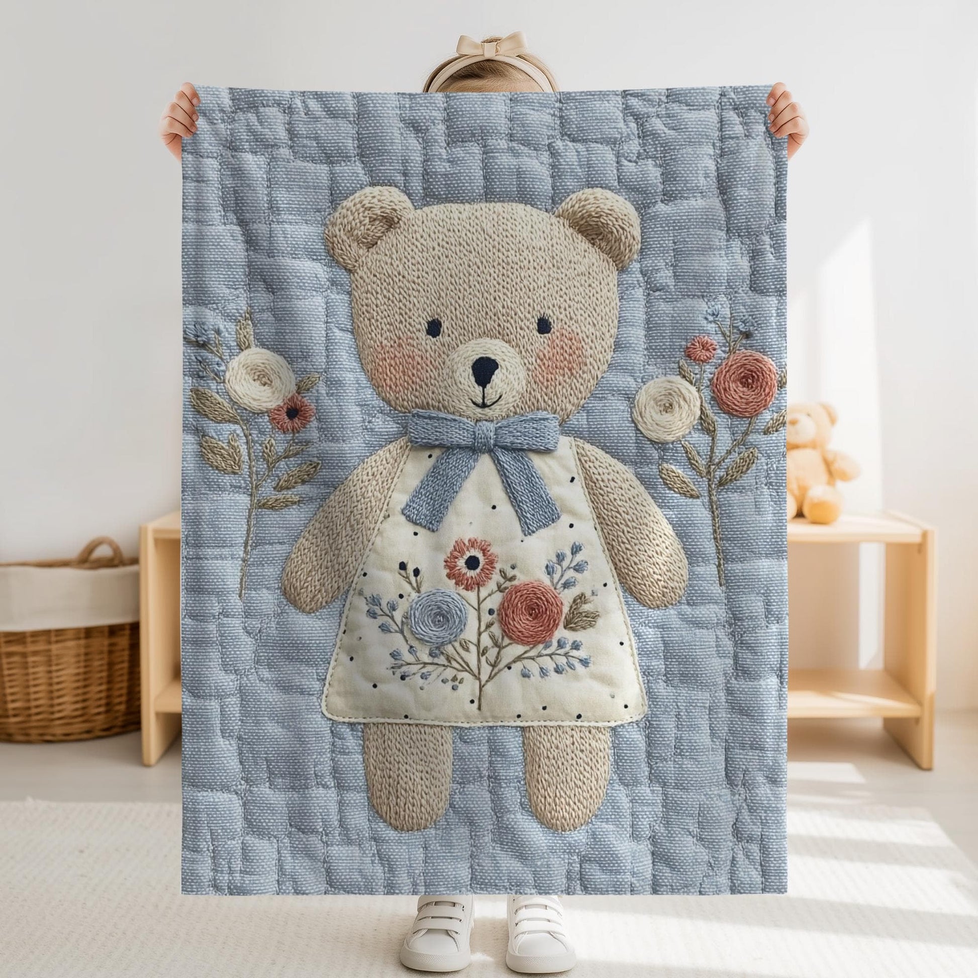 Embroidered-look teddy bear girl baby blanket with floral details on a soft blue quilted background.