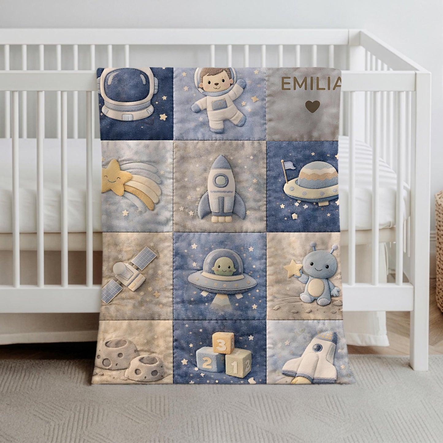 Patchwork Look Babydecke • Weltraum Space Astronaut • Quilt Look • Neutrale Babyzimmer-Deko • Neugeborenen-Decke • Boutique Babygeschenk