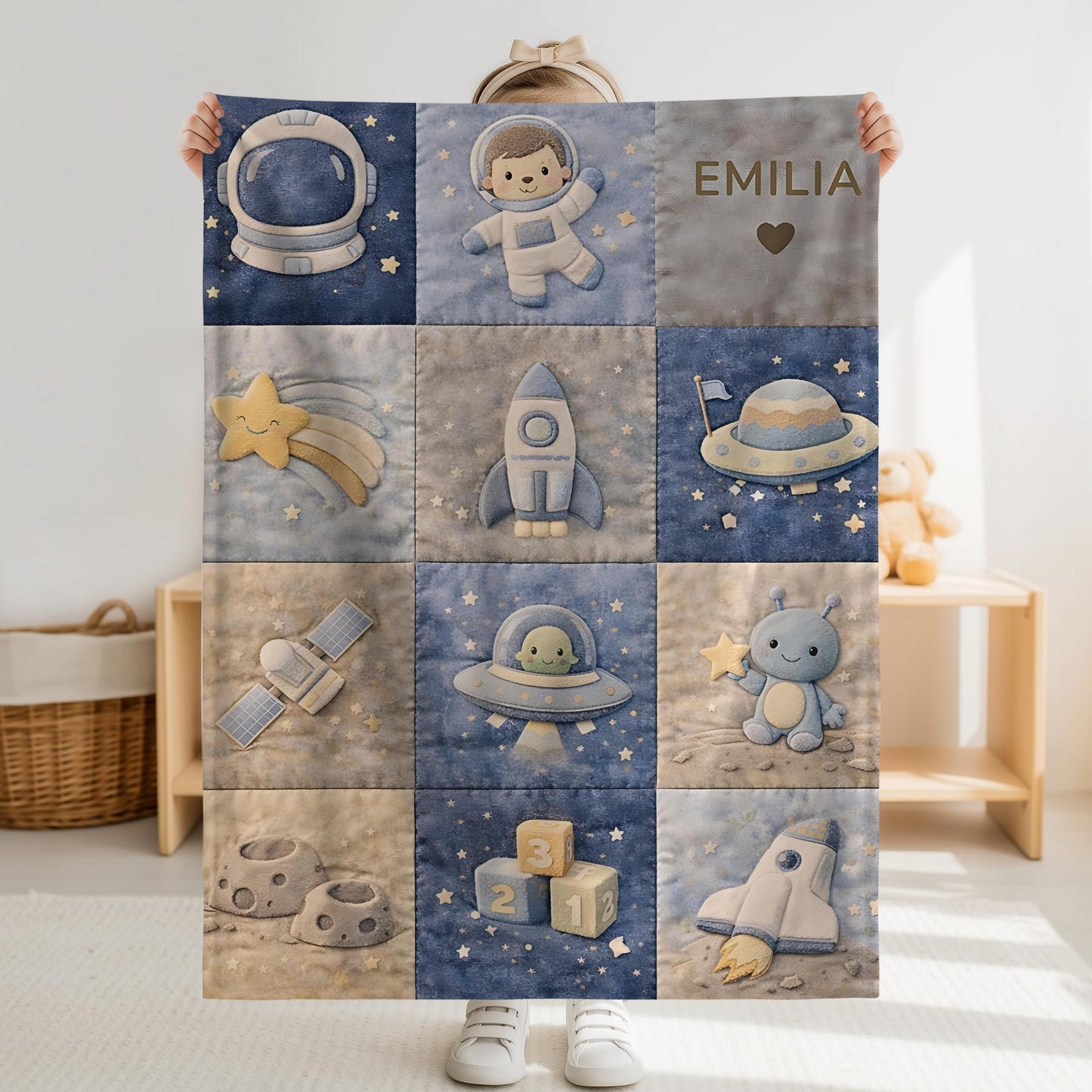 Patchwork Look Babydecke • Weltraum Space Astronaut • Quilt Look • Neutrale Babyzimmer-Deko • Neugeborenen-Decke • Boutique Babygeschenk
