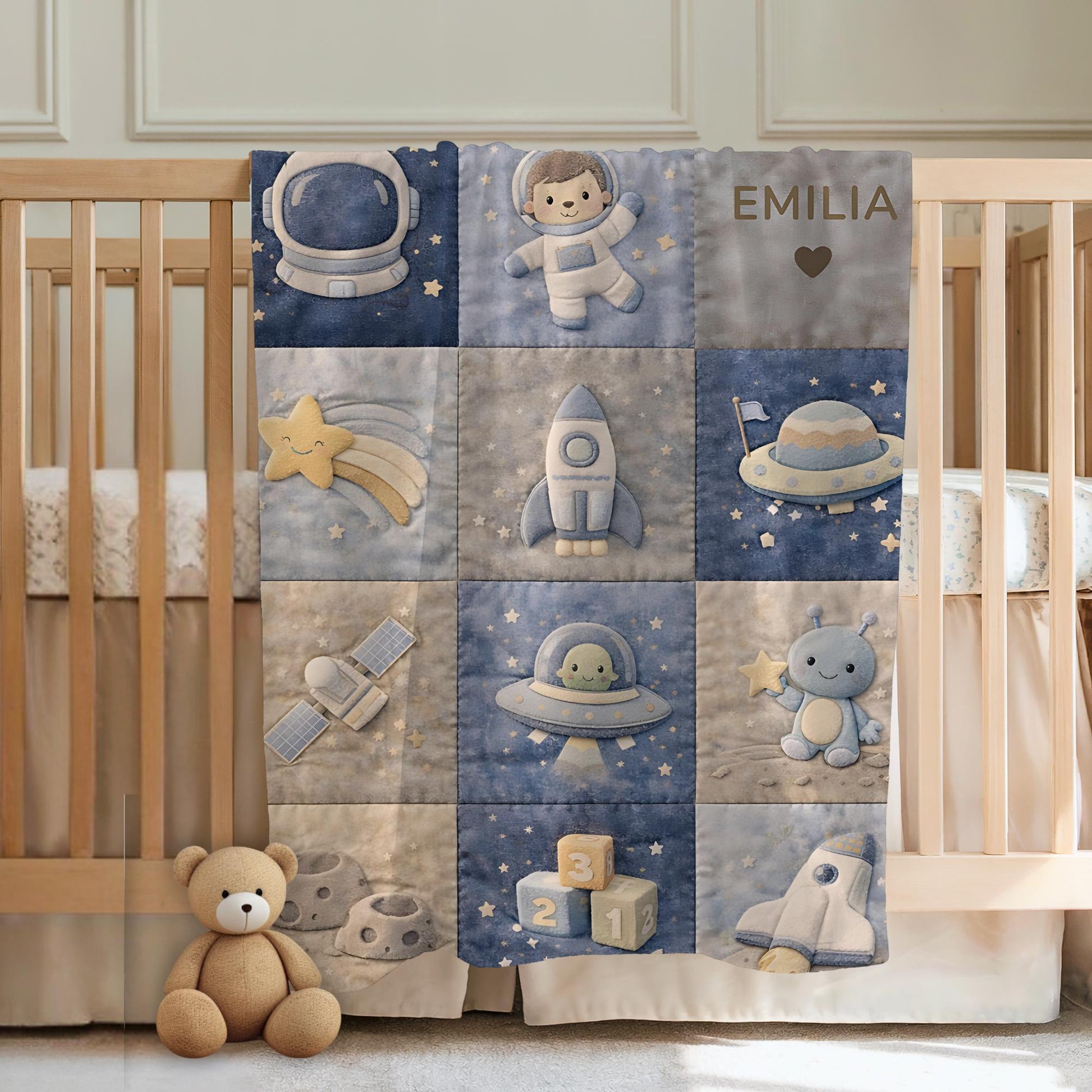 Patchwork Look Babydecke • Weltraum Space Astronaut • Quilt Look • Neutrale Babyzimmer-Deko • Neugeborenen-Decke • Boutique Babygeschenk