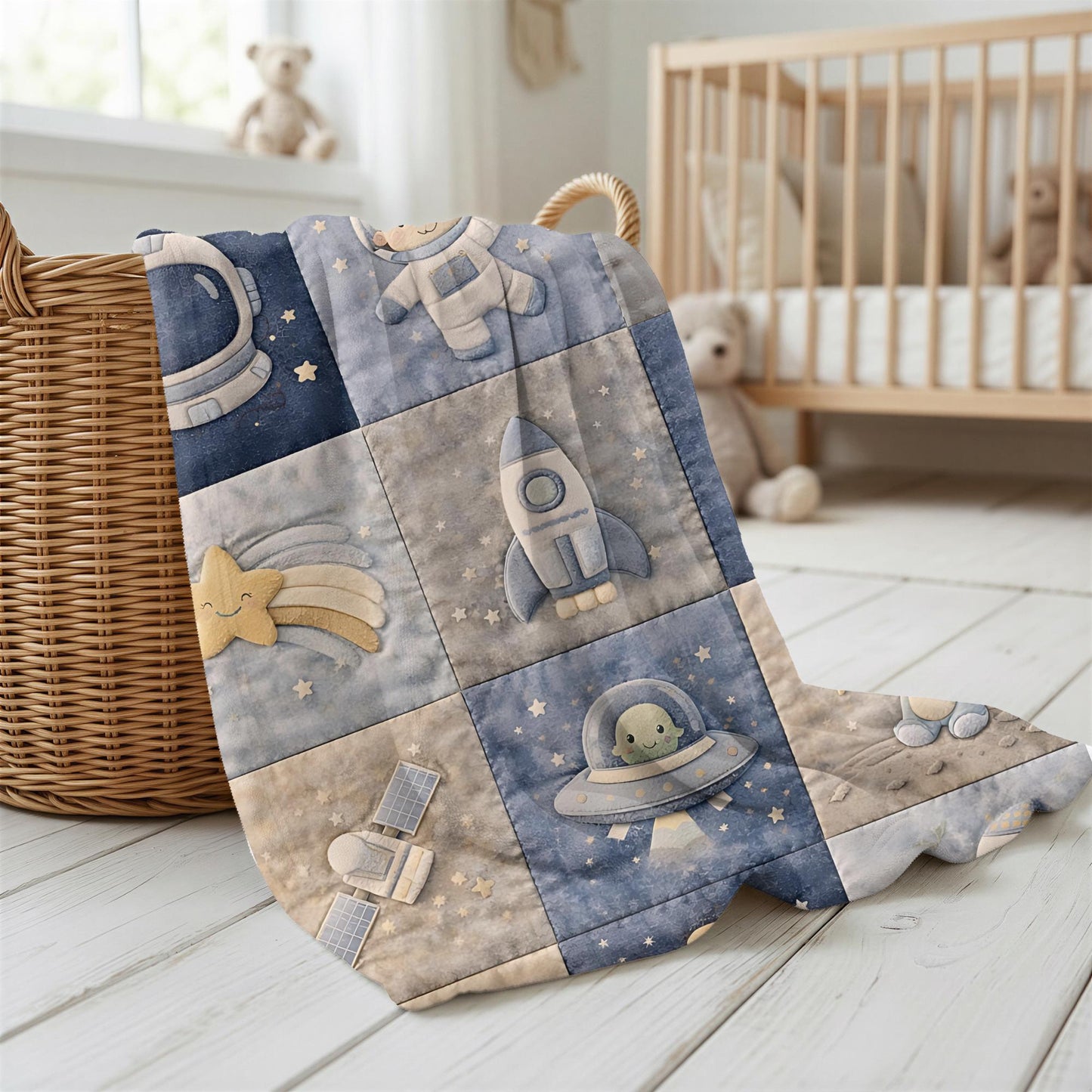 Patchwork Look Babydecke • Weltraum Space Astronaut • Quilt Look • Neutrale Babyzimmer-Deko • Neugeborenen-Decke • Boutique Babygeschenk