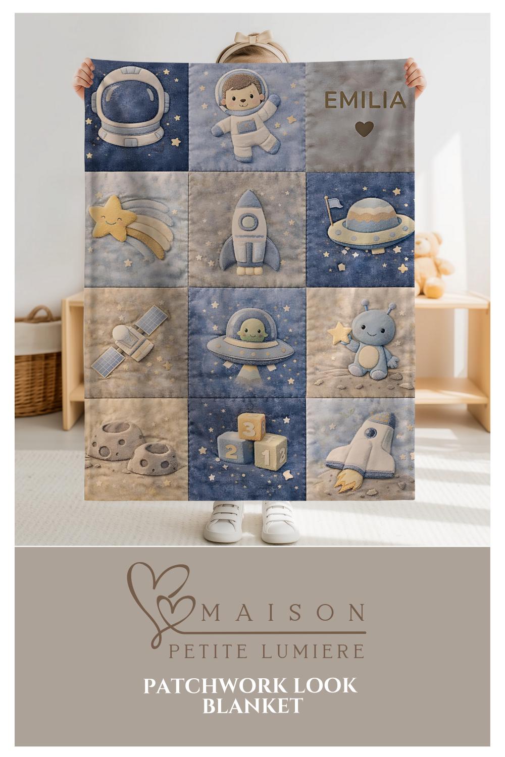 Patchwork Look Babydecke • Weltraum Space Astronaut • Quilt Look • Neutrale Babyzimmer-Deko • Neugeborenen-Decke • Boutique Babygeschenk