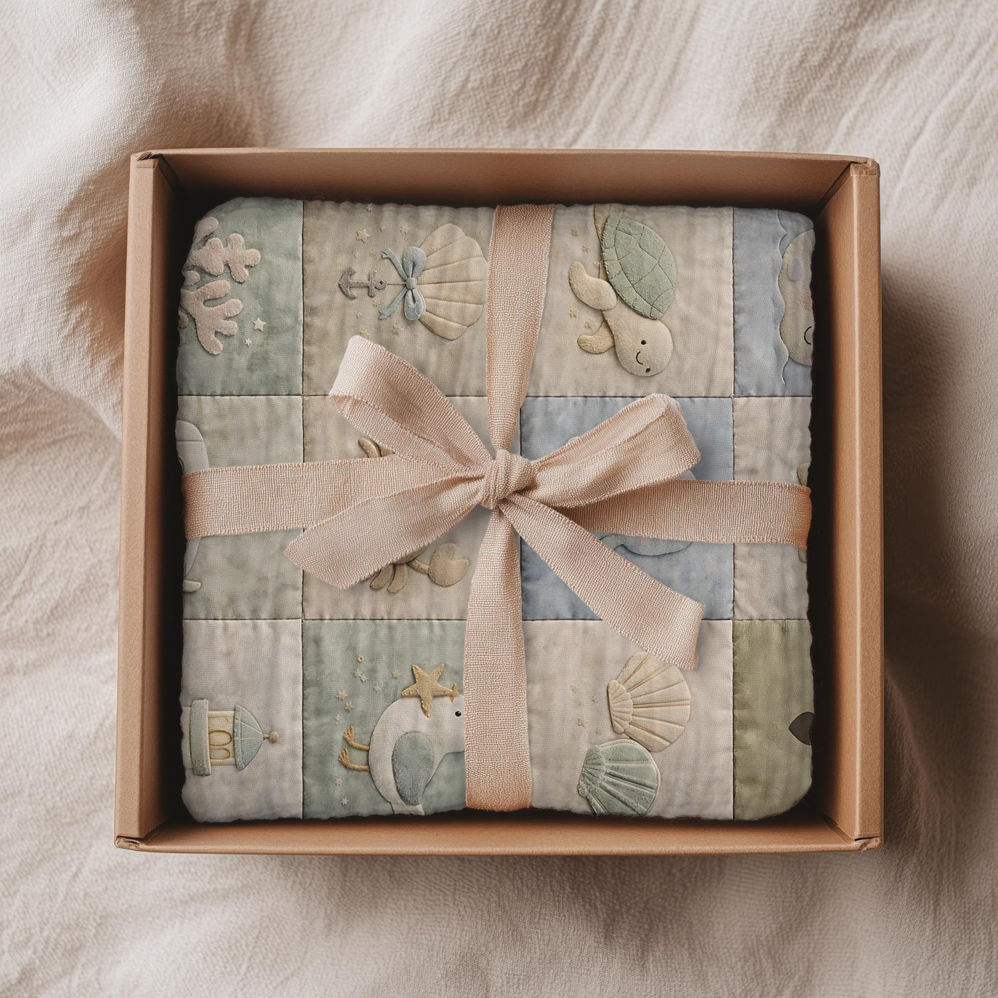 Personalized patchwork look baby blanket with name, crab, whale and octopus in a soft underwater quilt design. Cozy newborn blanket and baby gift.