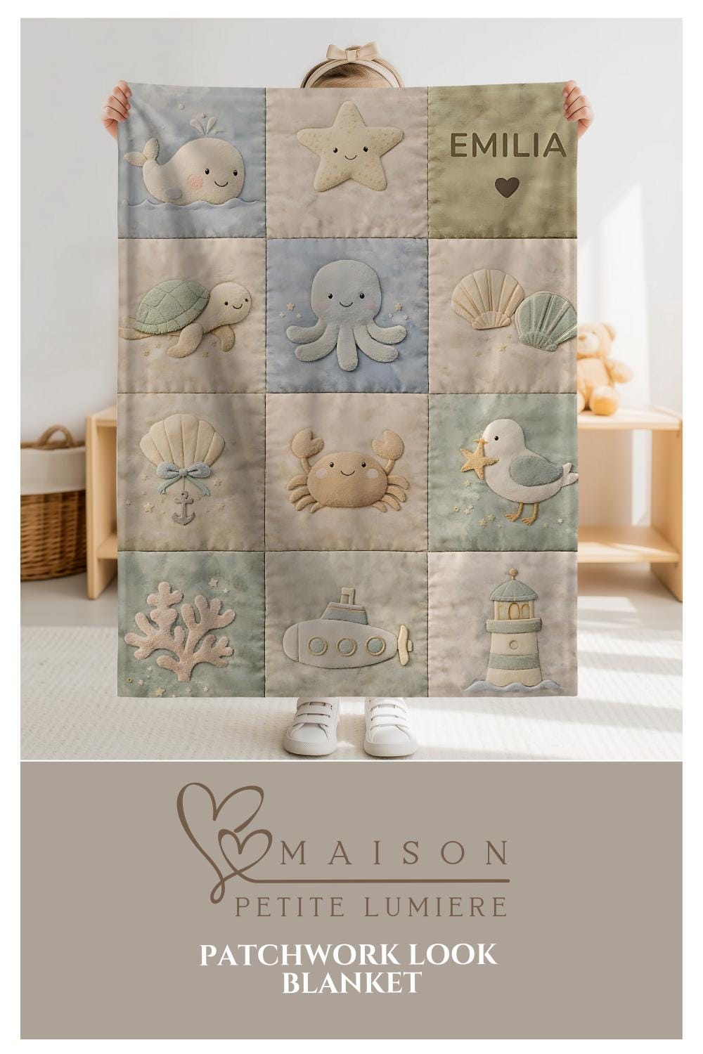 Personalized patchwork look baby blanket with name, crab, whale and octopus in a soft underwater quilt design. Cozy newborn blanket and baby gift.