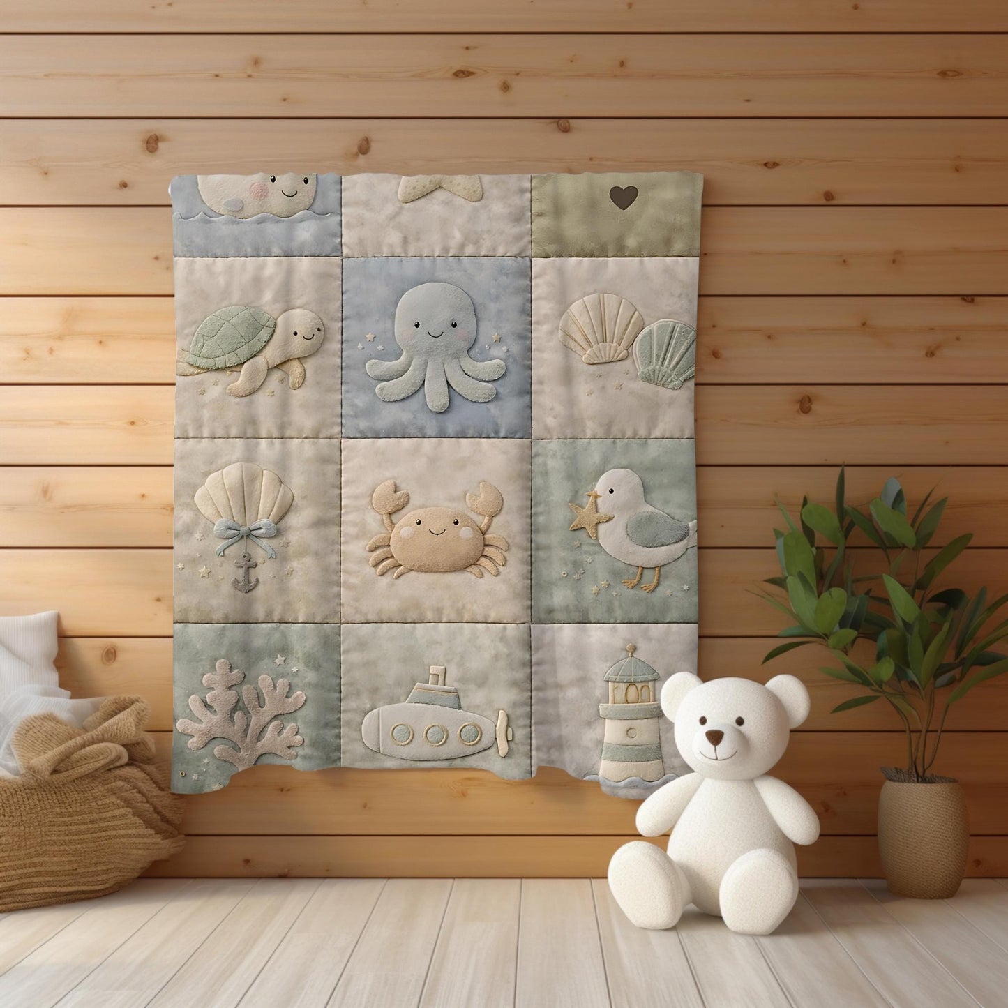 Personalized patchwork look baby blanket with name, crab, whale and octopus in a soft underwater quilt design. Cozy newborn blanket and baby gift.