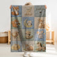 Personalized patchwork look baby blanket with name and sweet woodland animals like fox, deer and bear in a soft quilt style design. Cozy newborn gift.