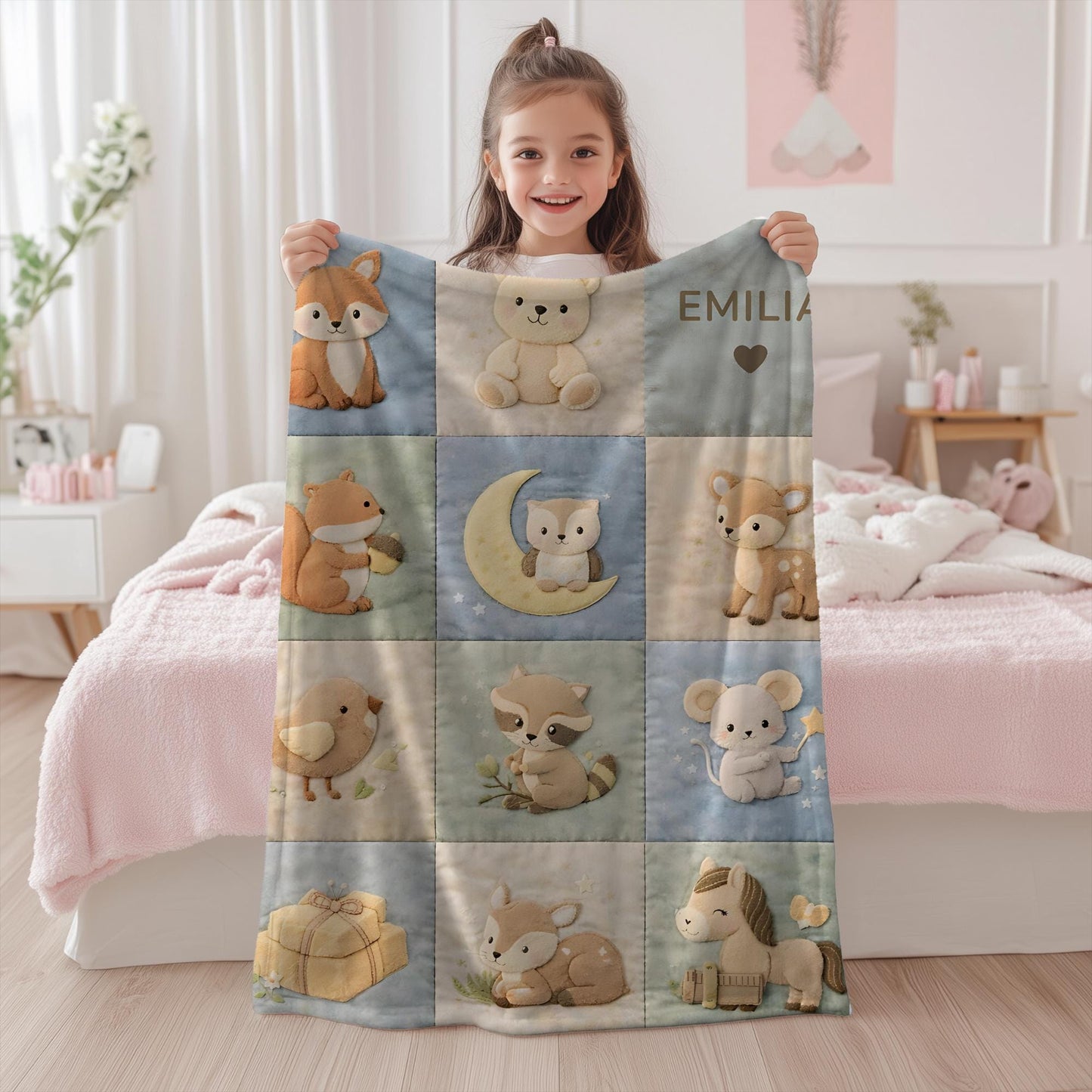 Personalized patchwork look baby blanket with name and sweet woodland animals like fox, deer and bear in a soft quilt style design. Cozy newborn gift.