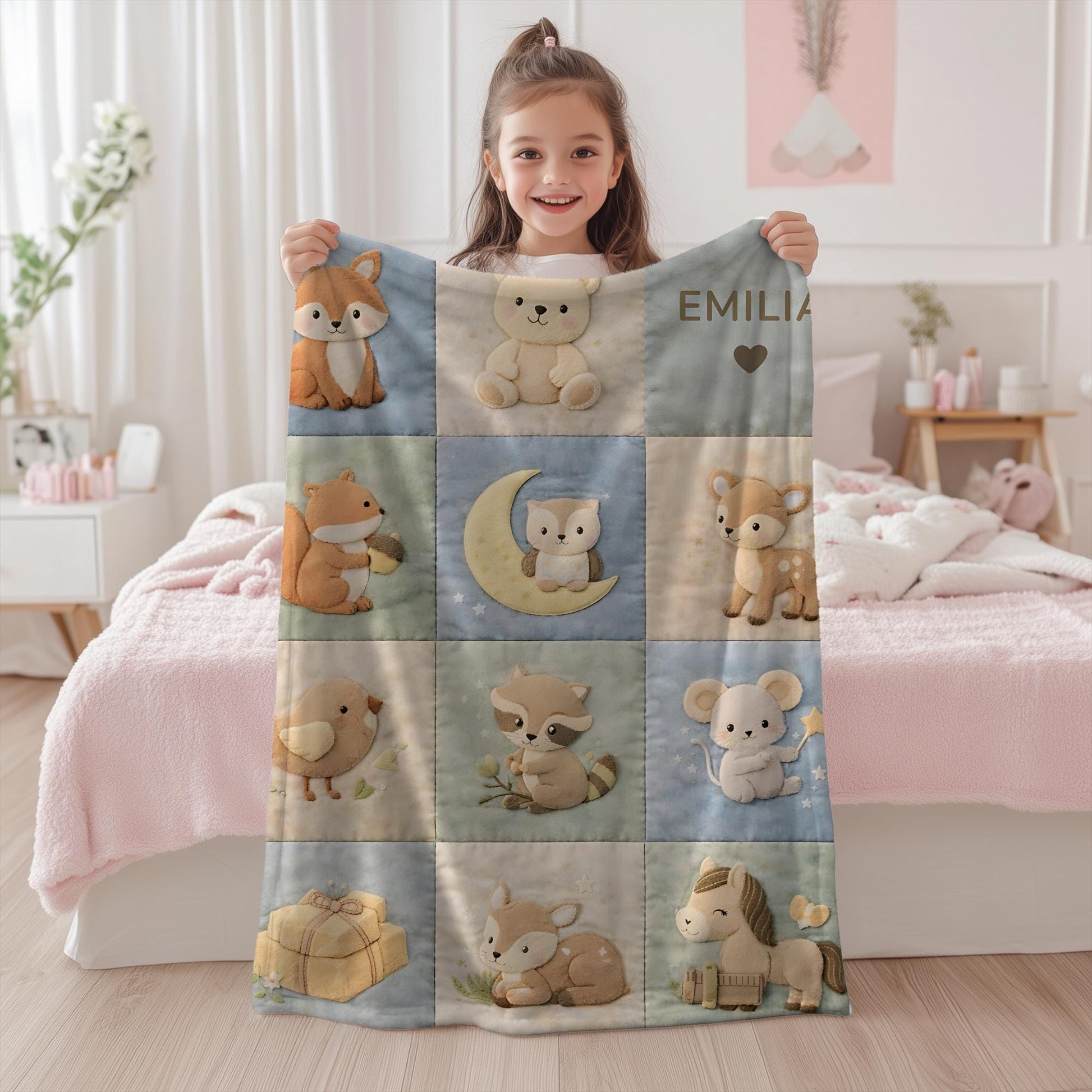 Personalized patchwork look baby blanket with name and sweet woodland animals like fox, deer and bear in a soft quilt style design. Cozy newborn gift.