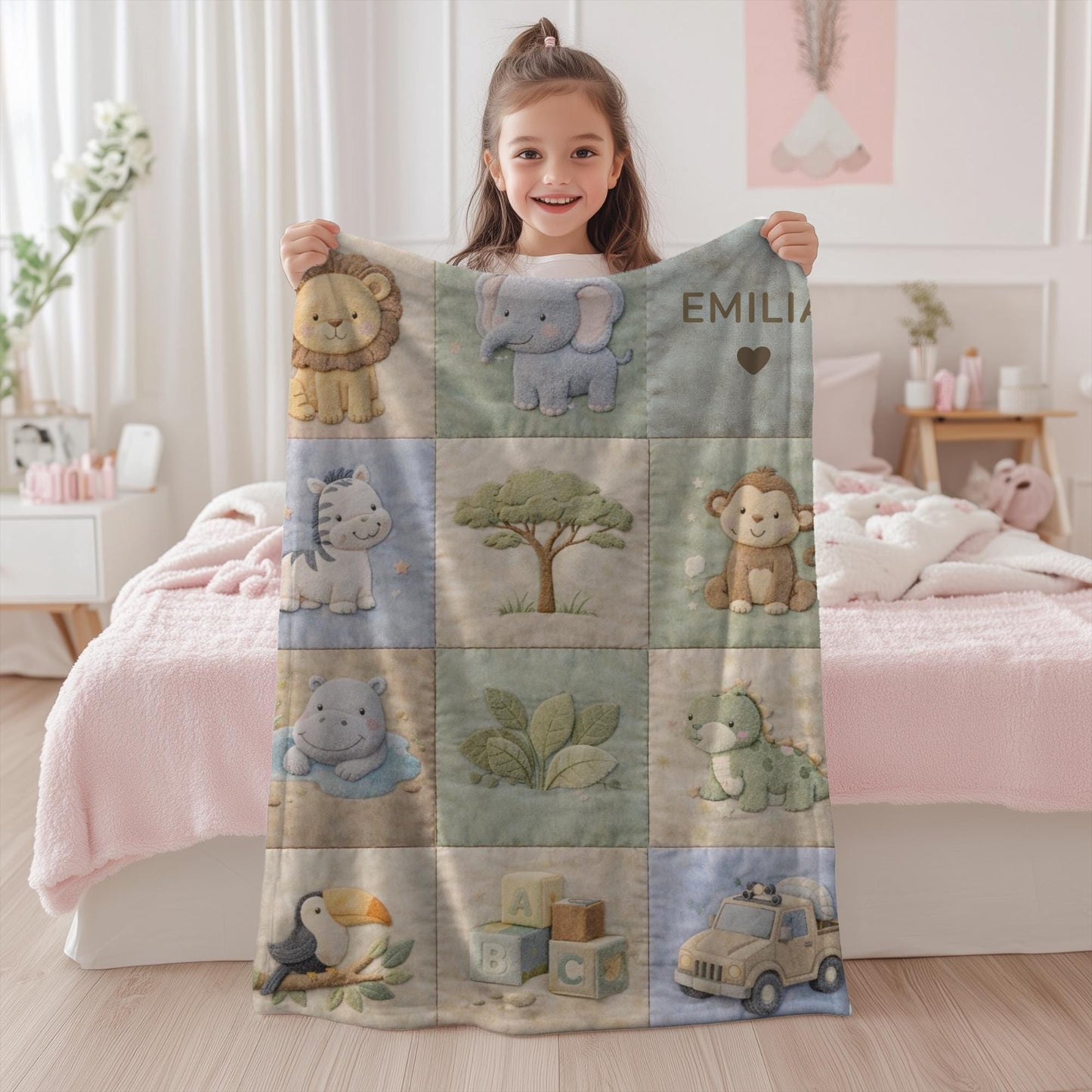 Personalized patchwork look baby blanket with name and sweet safari animals like lion, elephant and monkey in a soft quilt style design.