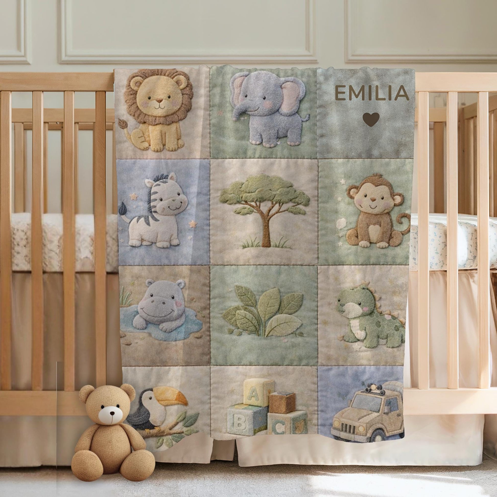 Personalized patchwork look baby blanket with name and sweet safari animals like lion, elephant and monkey in a soft quilt style design.