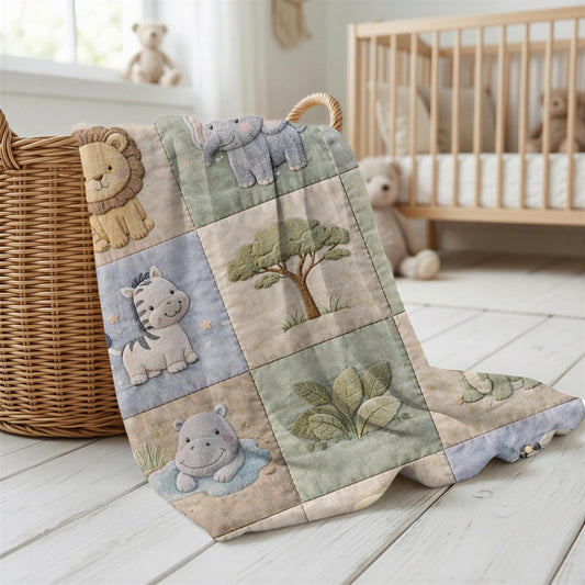 Personalized patchwork look baby blanket with name and sweet safari animals like lion, elephant and monkey in a soft quilt style design.