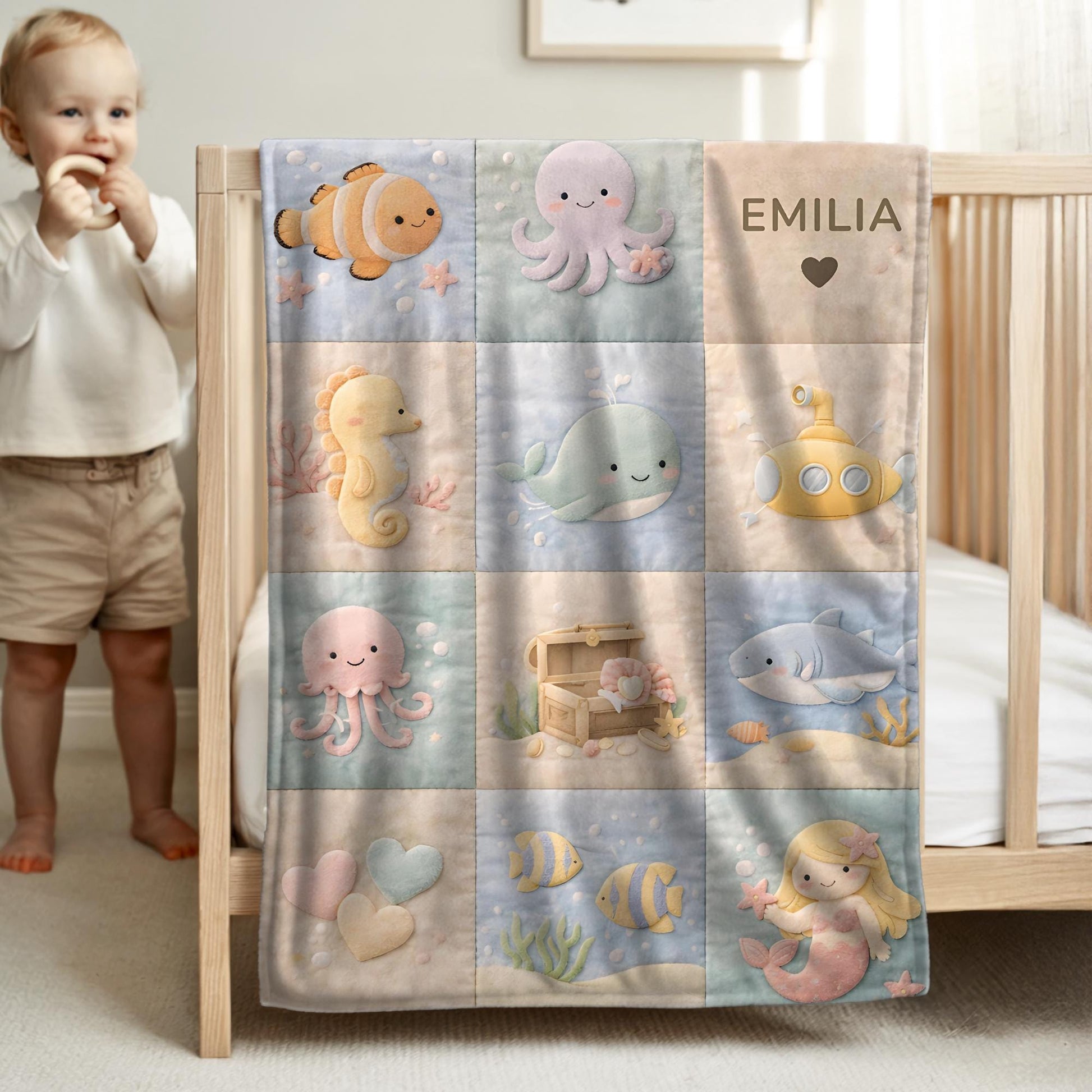 Personalized patchwork look baby blanket with name and sweet underwater motifs like fish, whale, octopus and mermaid in a soft quilt style design.