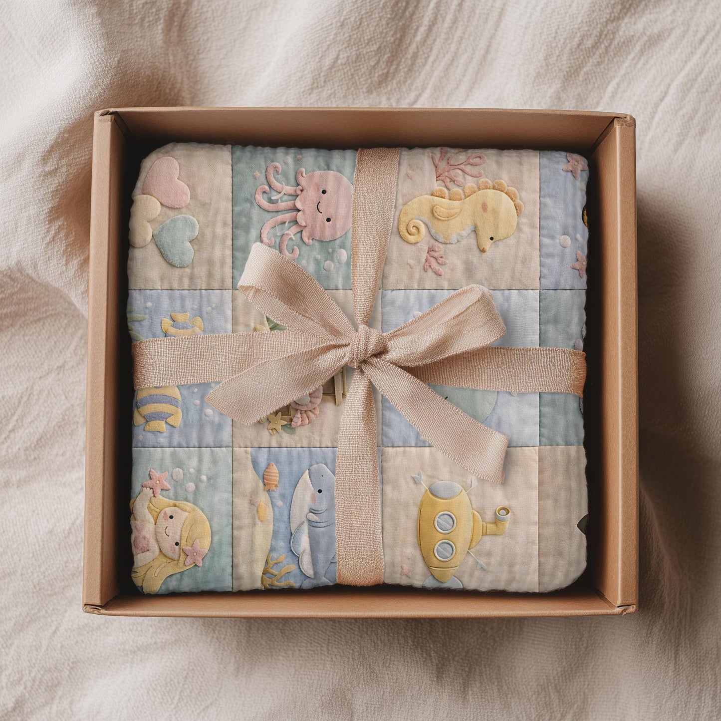 Personalized patchwork look baby blanket with name and sweet underwater motifs like fish, whale, octopus and mermaid in a soft quilt style design.