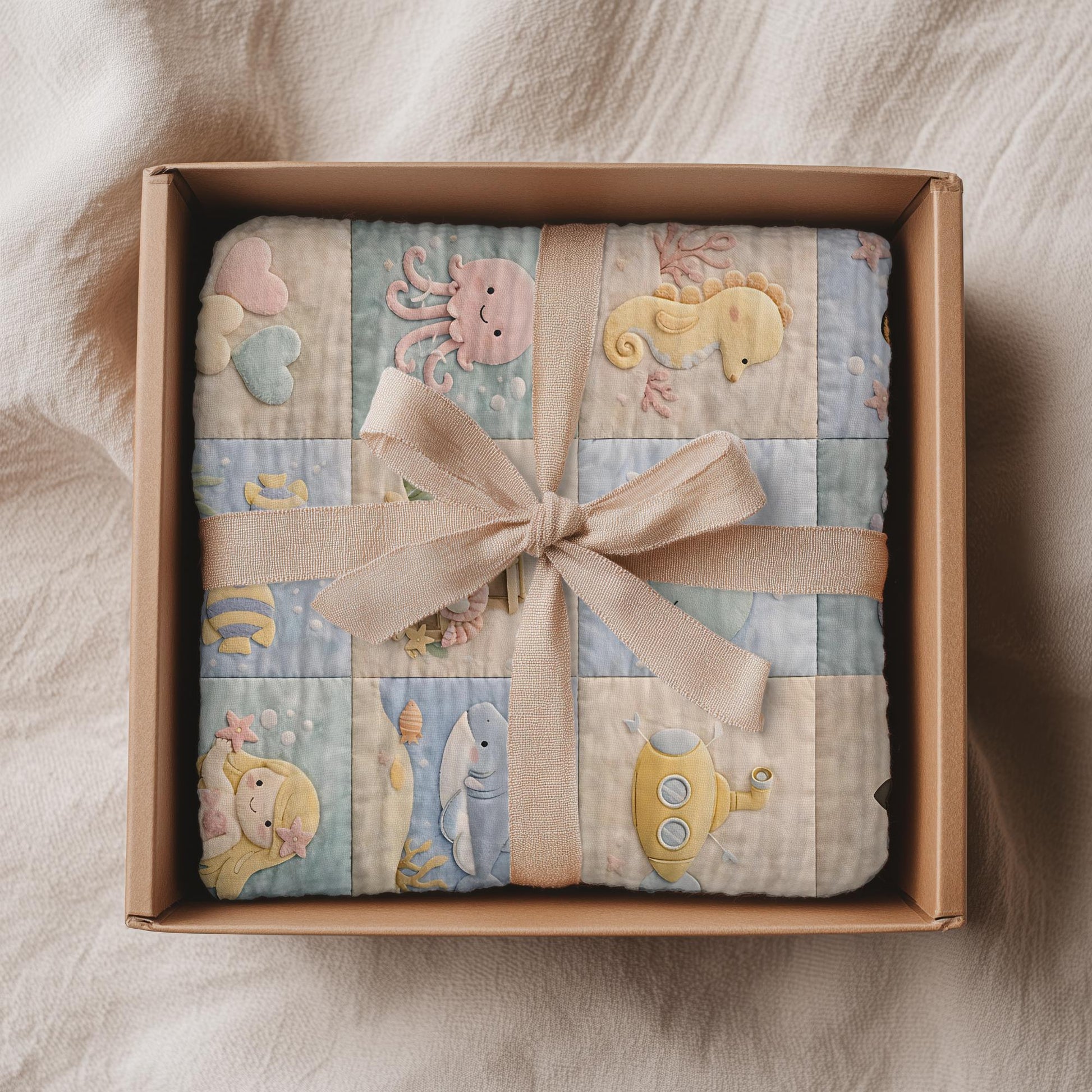 Personalized patchwork look baby blanket with name and sweet underwater motifs like fish, whale, octopus and mermaid in a soft quilt style design.