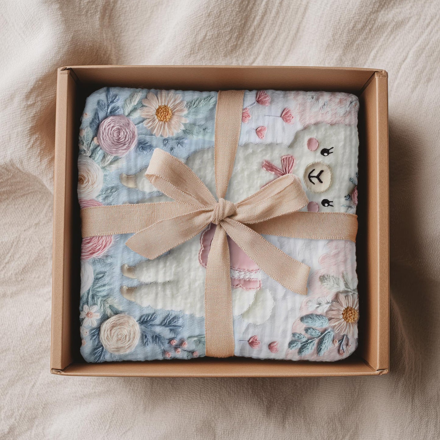 Soft embroidered-look alpaca baby blanket with pastel florals. Neutral tones, cozy fabric — a boutique newborn gift for calm, modern nursery decor.