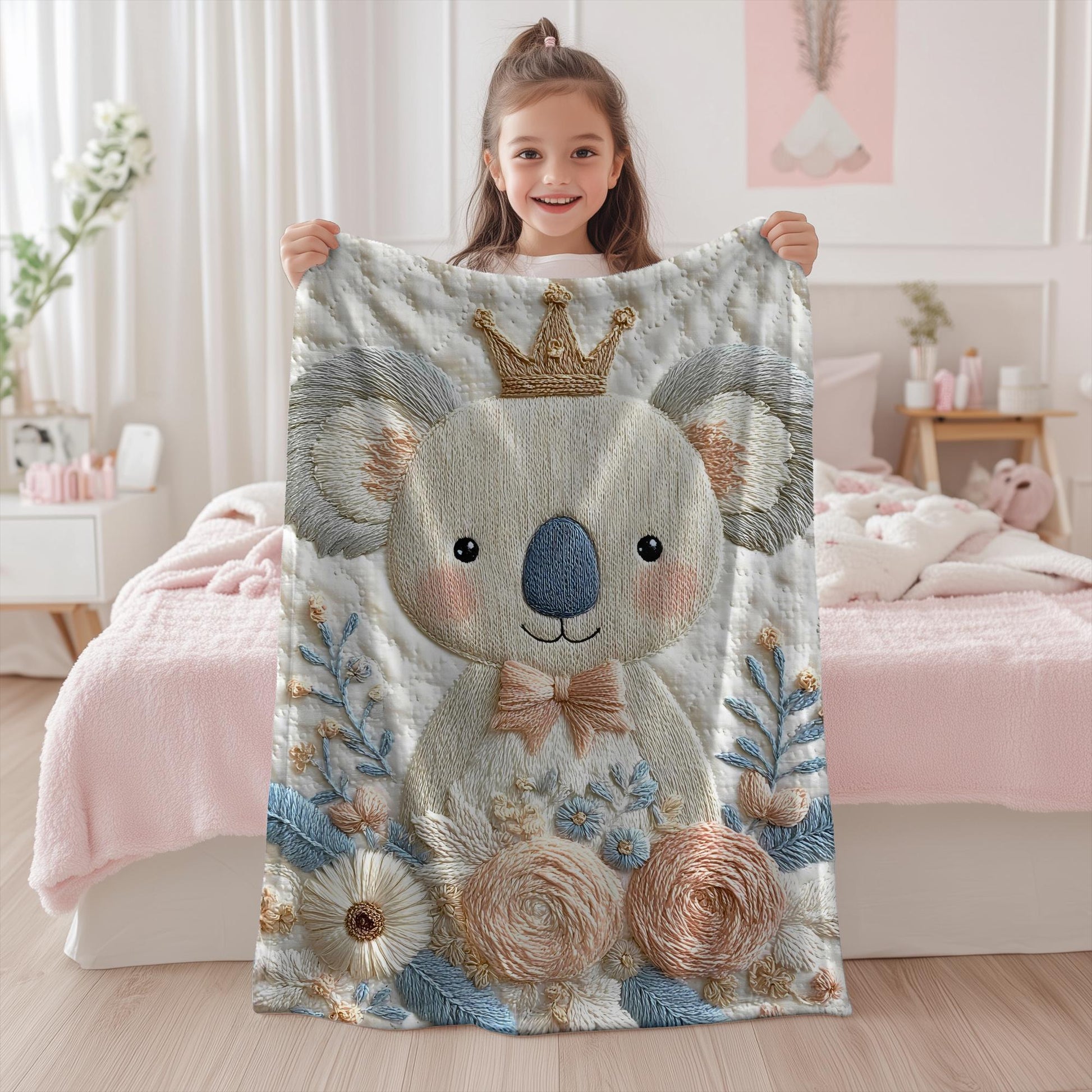 Koala bear baby blanket with embroidered-look floral design in gentle neutral tones. A cozy newborn blanket and timeless baby gift for girls