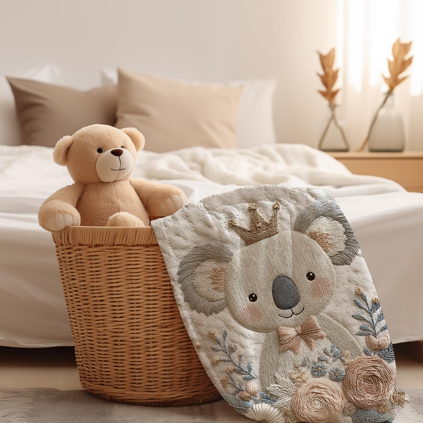 Koala bear baby blanket with embroidered-look floral design in gentle neutral tones. A cozy newborn blanket and timeless baby gift for girls